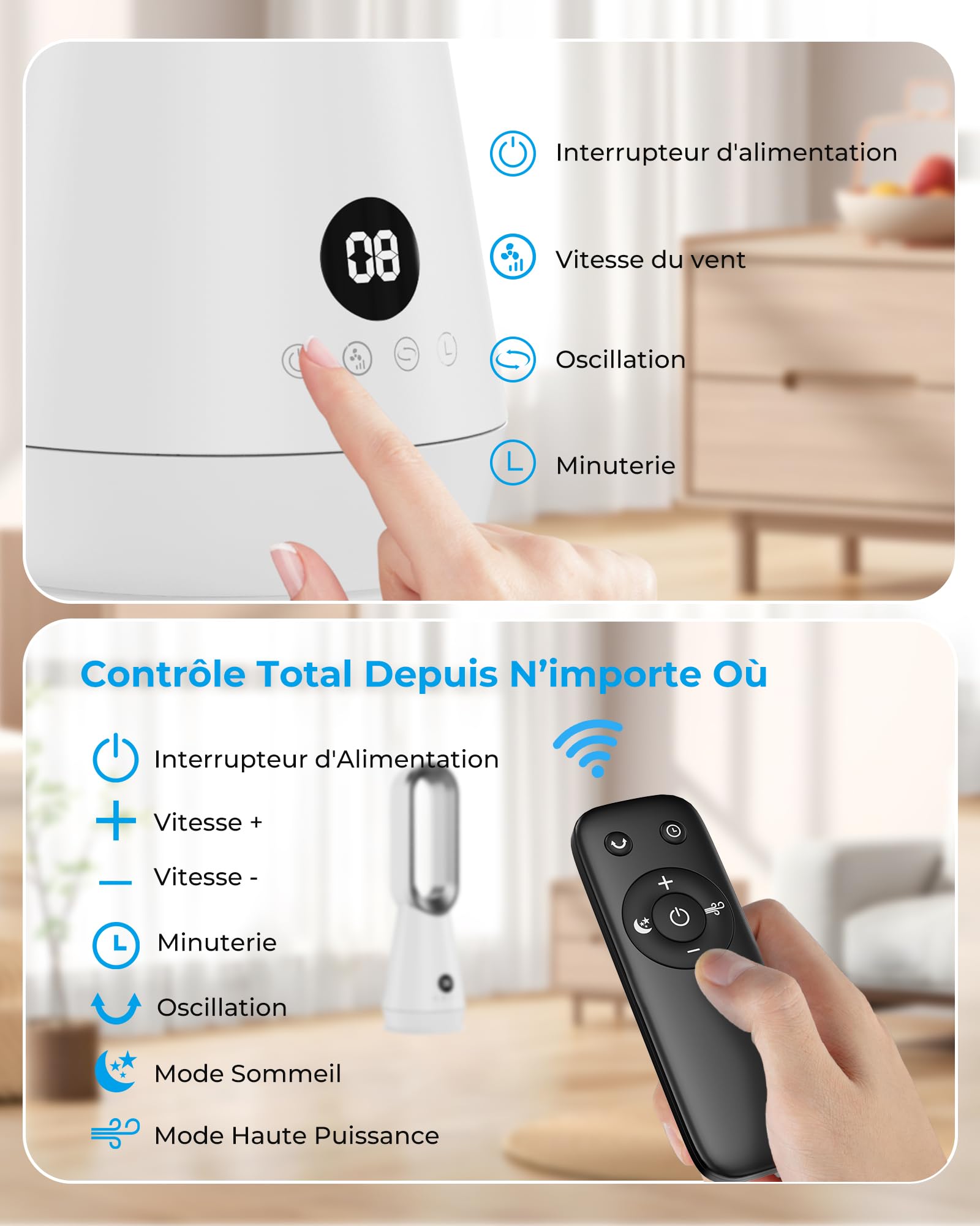 Ventilateur Colonne Silencieux Sans Pales,Ventilateurs Tour avec 8 Vitesses,2 Modes (Sommeil/Vent fort),Oscillation à 80°,Minuterie de 9h,Télécommande,Écran LED,32dB Faible Bruit,Facile à Nettoyer