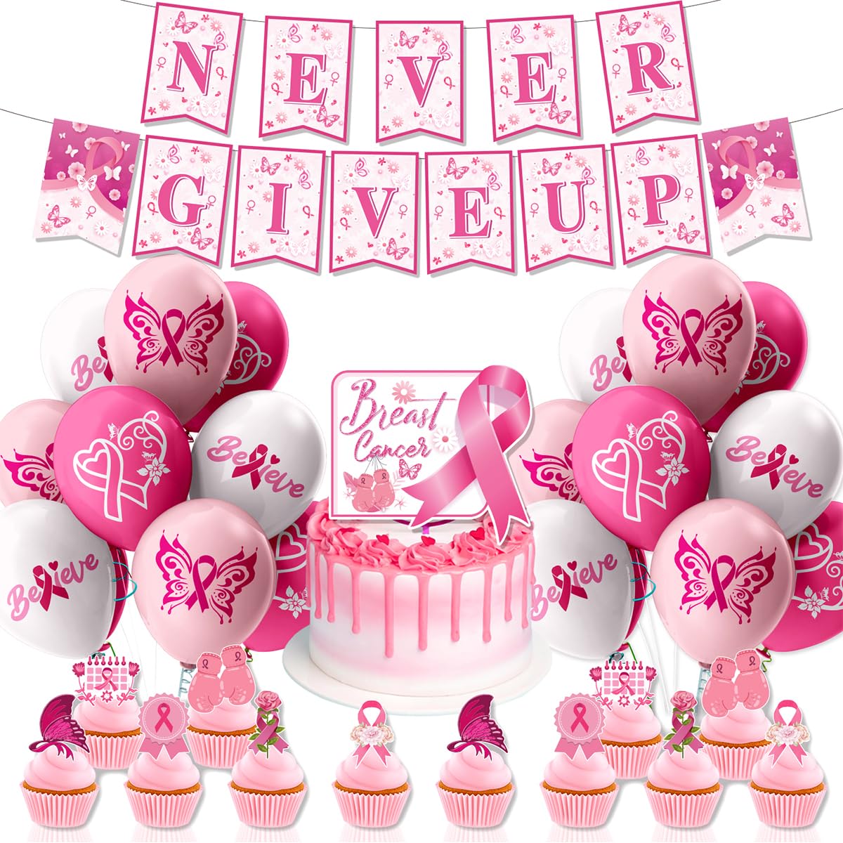 ZOOMPIL Breast Cancer Awareness Balloons, Breast Cancer Awareness Cupcake Toppers, Breast Cancer Awareness Banner, 38pcs Breast Cancer Awareness Kit, for Pink Ribbon Breast Cancer Party Supplies