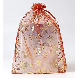 SUNGULF 100pcs Organza Pouch Bag Drawstring 6x9 16x22cm Strong Gift Candy Bag Jewelry Party Wedding Favor (Red Snowflake)