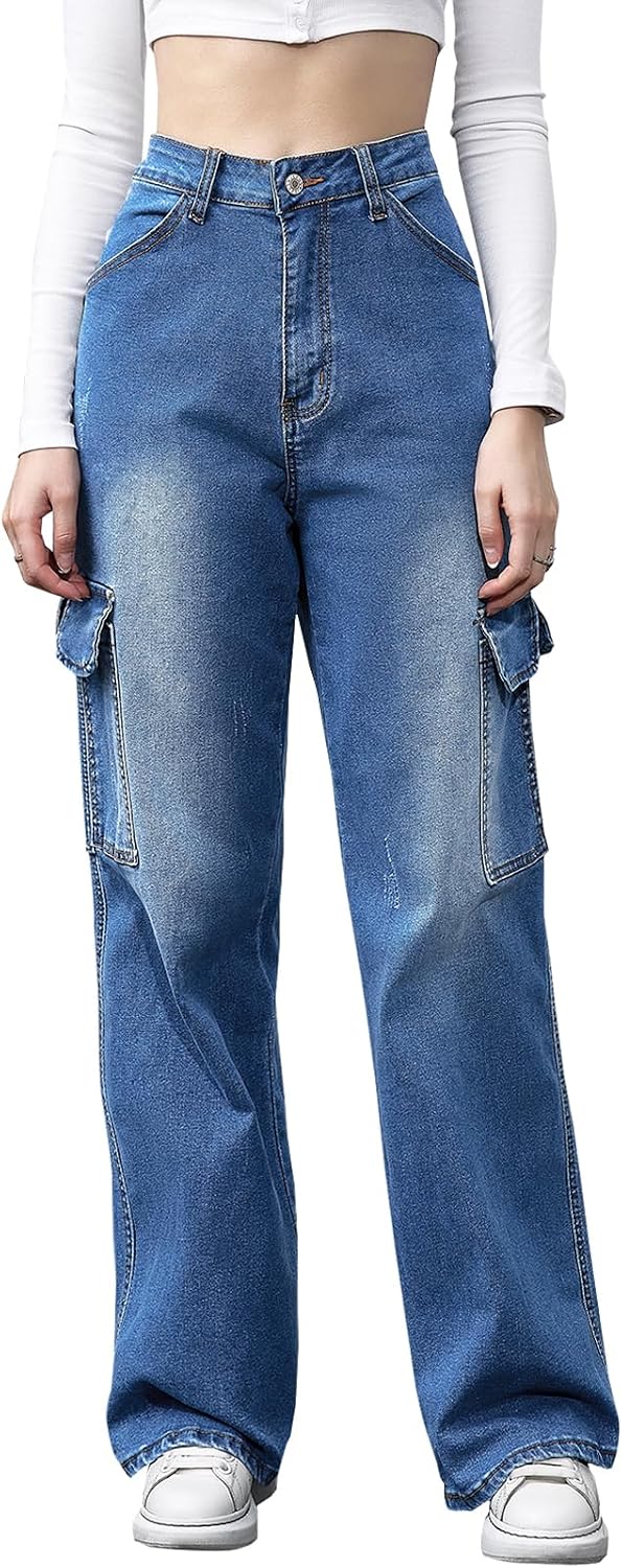 LONGYIDA Baggy Jeans for Women Y2K Stretch High Waisted Straight Wide Leg Denim Pants