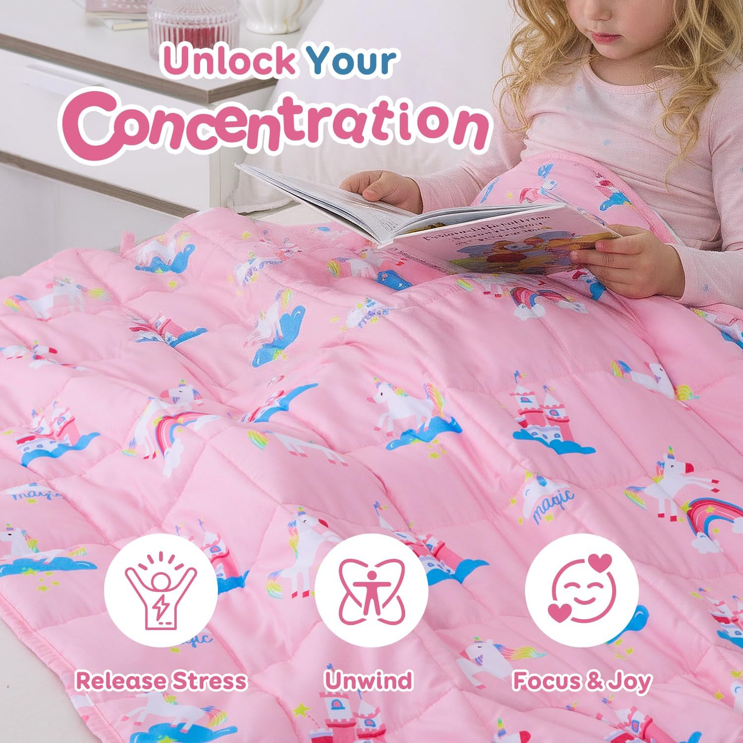 Kivik Weighted Blanket 3 lbs, Breathable Small Heavy Throw Blankets, Sleeping & Calming for Bed Couch Home School, Machine Washable, Cooling Soft Microfiber, 36x48 Inches, Pink Unicorn - Image 3