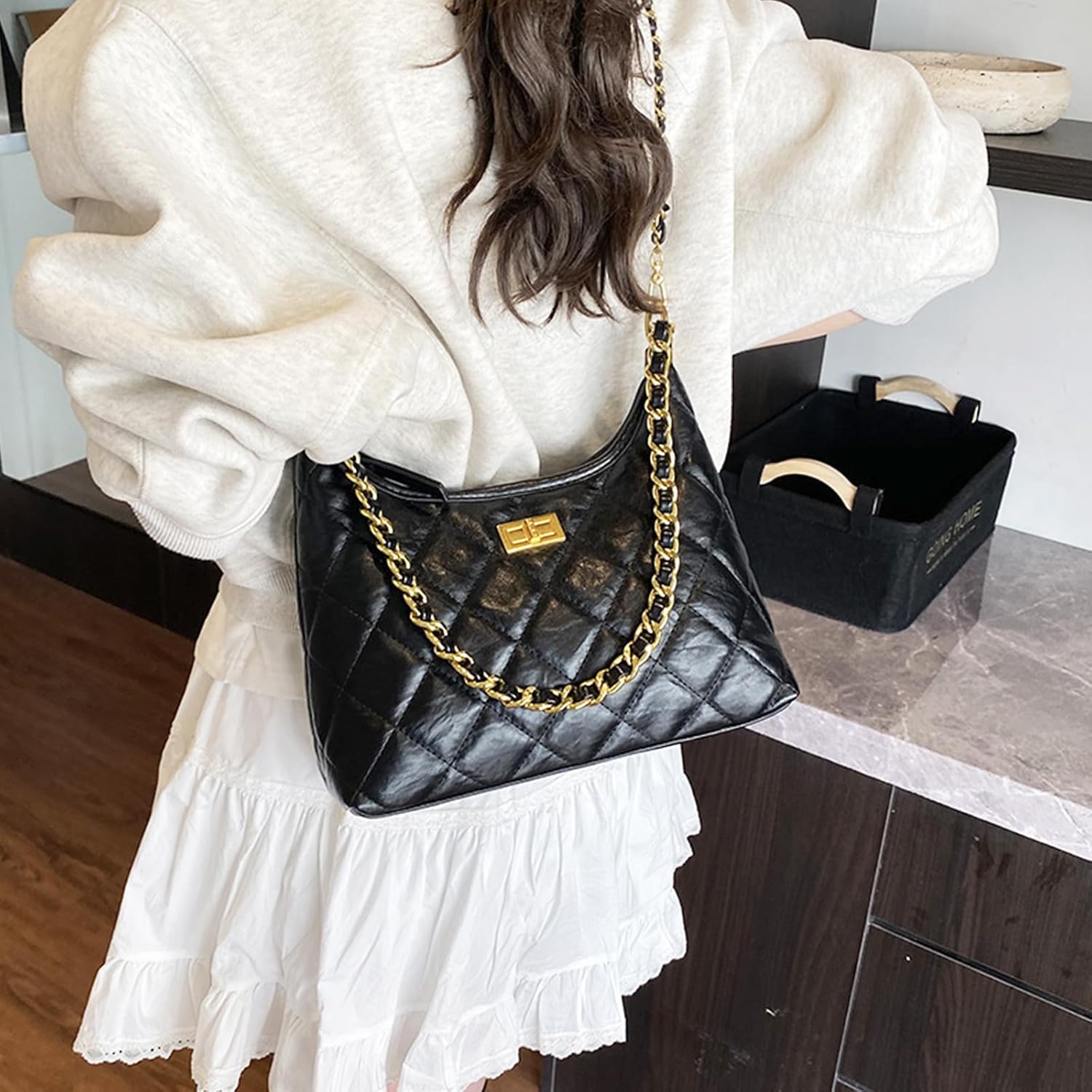 Tote Bag for Women, Leather Handbag with Diamond Pattern, Shoulder Bag Vacation Travel Daily(Black)