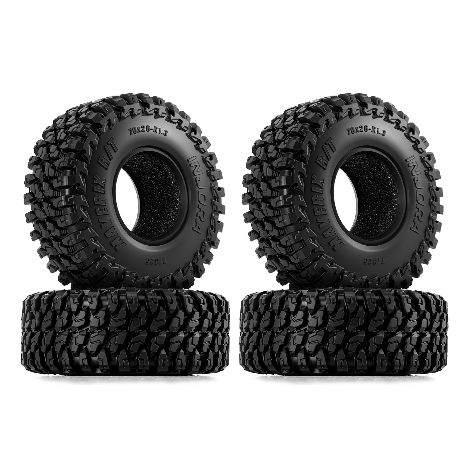 INJORA 1.3" MAVERIX R/T Tires 70 * 26mm for TRX4M SCX24 1/18 1/24 RC Crawlers (T1325), Black, 70mm x 26mm