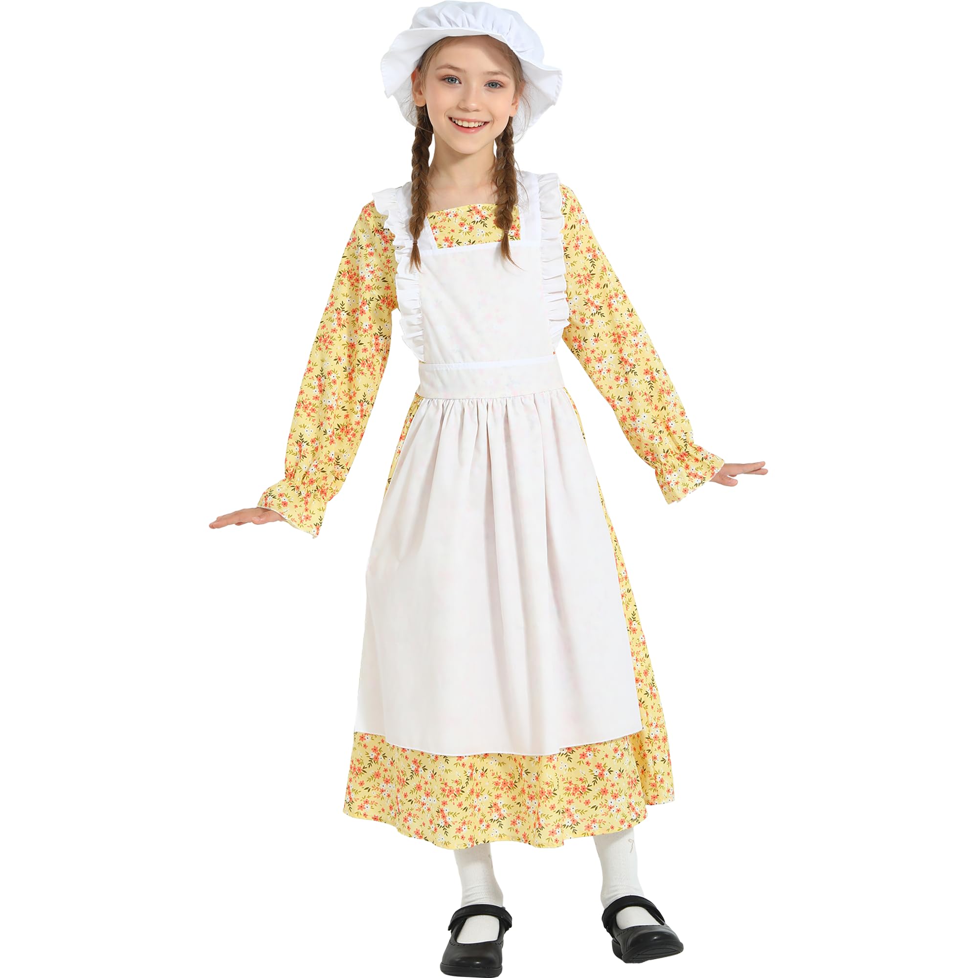 Webeasy Victorian Costume Girl Victorian Maid Costume with Hat, Kids Fancy Dress for Historical School Event 6-8 Years