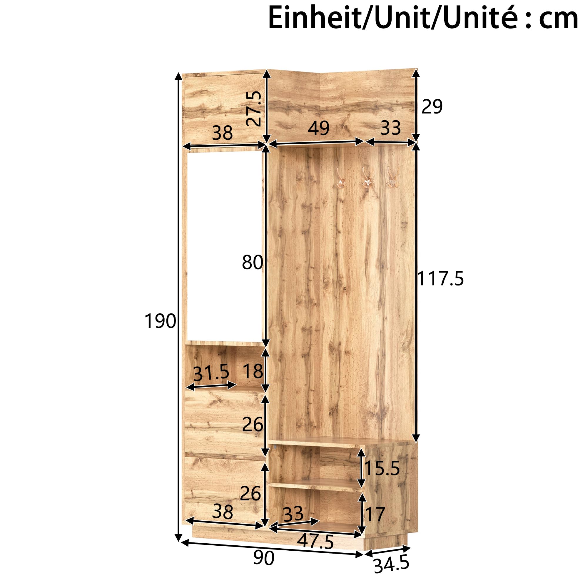 HAINEW Garderoben Set Wandgarderobe mit Spiegel und Sitzbank, Flurgarderobe Set Garderobenschrank mit Schuhschrank, Haken und 1 Schublade, 90×34,5×190cm, HNDE25120109 (Holzfarbe)