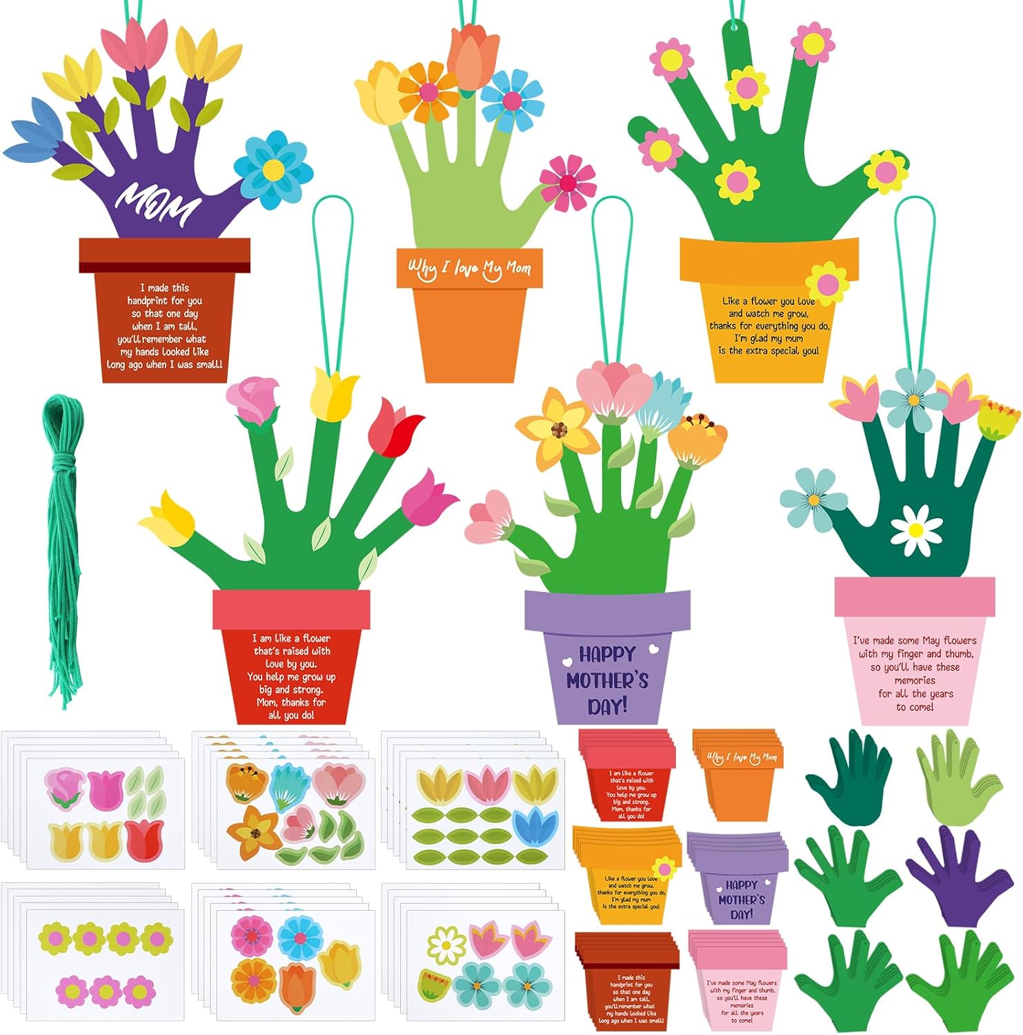 30 Sets Mother's Day Handprint Crafts for Kids DIY Mother's Day Crafts Make Your Own Flower Handprint Ornaments for Kids Mom Craft Gifts Classroom Party Favor Home Fun Activities