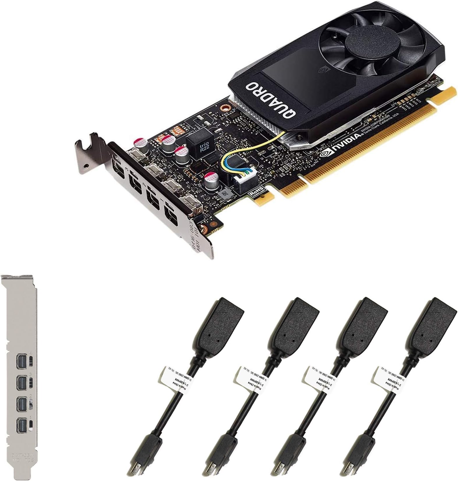 – Quadro P1000 4GB GDDR5 with Four Mini Displayports, Both Half and Full Brackets, and 4 x mDP to DP Adapters, 4K, 5K Resolution (1 Year Warranty)
