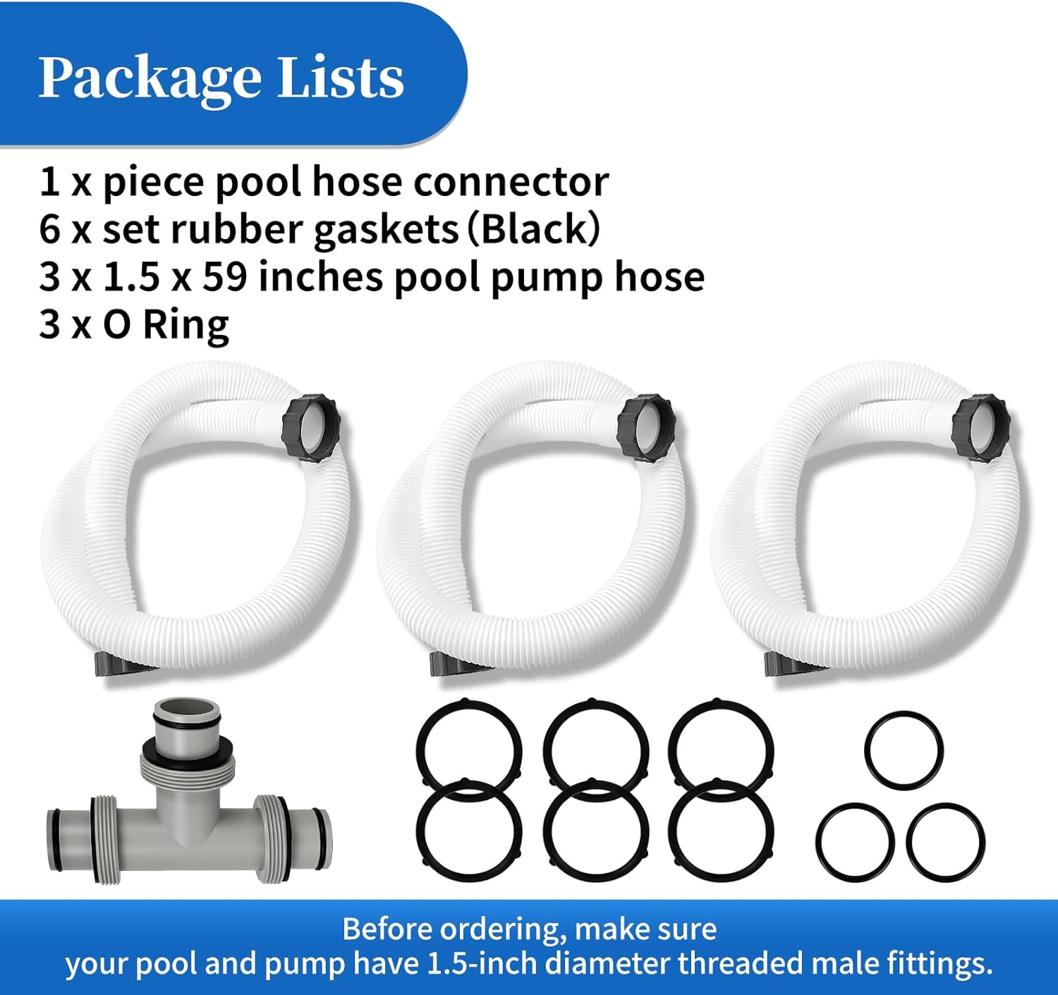 AOIT 1.5" to 1.5" T Joint 29060E Pool Pump Hoses Compatible with In Tex Cole Man Pools-Above Ground Pool Hose 59" Long Fits for Filter Pumps and Sand Filters, 3 Pack（Black）