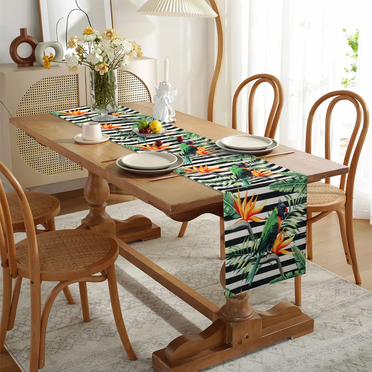 Chemin De Table Tulipes Fleurs 33x180cm Pourpre - Lin Boho Style Campagnard