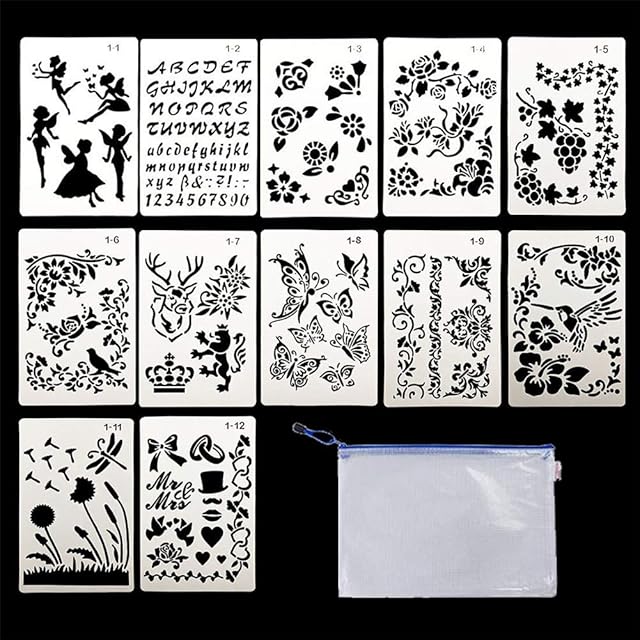 12 PCS Drawing Painting Stencils, Craft Stencils Reusable Graphic Stencils Plastic Stencils Shapes Laser Cut Painting Tile Stencil for Diary Scrapbook DIY Craft