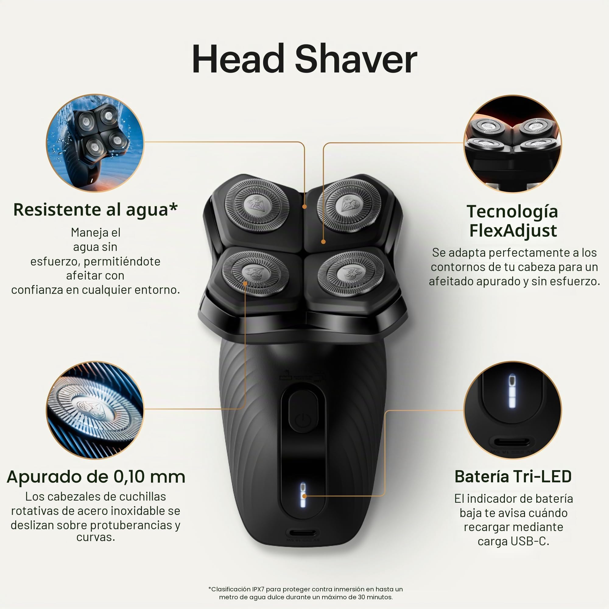 MANSCAPED® The Dome Shaver™ Plus - Afeitadora de cabeza para hombre, cuatro cuchillas giratorias de doble pista con tecnología SkinSafe® y FlexAdjust, impermeable, carga USB-C, almohadilla magnética