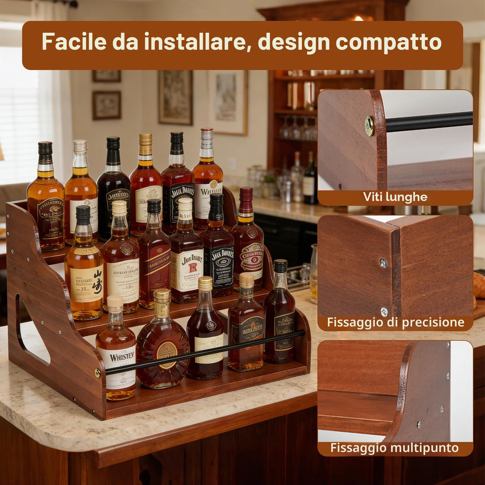 Scaffale espositore per Bottiglie di liquore a 3 Livelli | in legno rustico, organizer per sciroppo da caffè,portabottiglie per vino,scaffale da banco,supporto per stazione da caffè