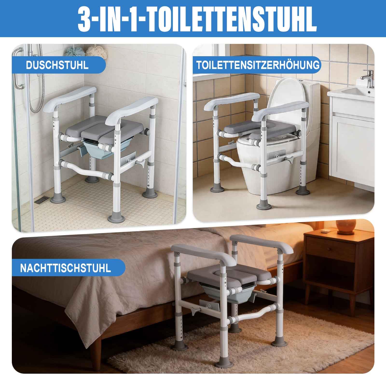 NJUN Toilettenerhöhung mit Unabhängig Verstellbare Armlehnenhöhe, 4-in-1 WC Sitzerhohung für Senioren bis 200 kg, Verstellbare Höhe & Breite Toilettenstuhl mit Gepolstertem Sitz und Abnehmbarem Eimer