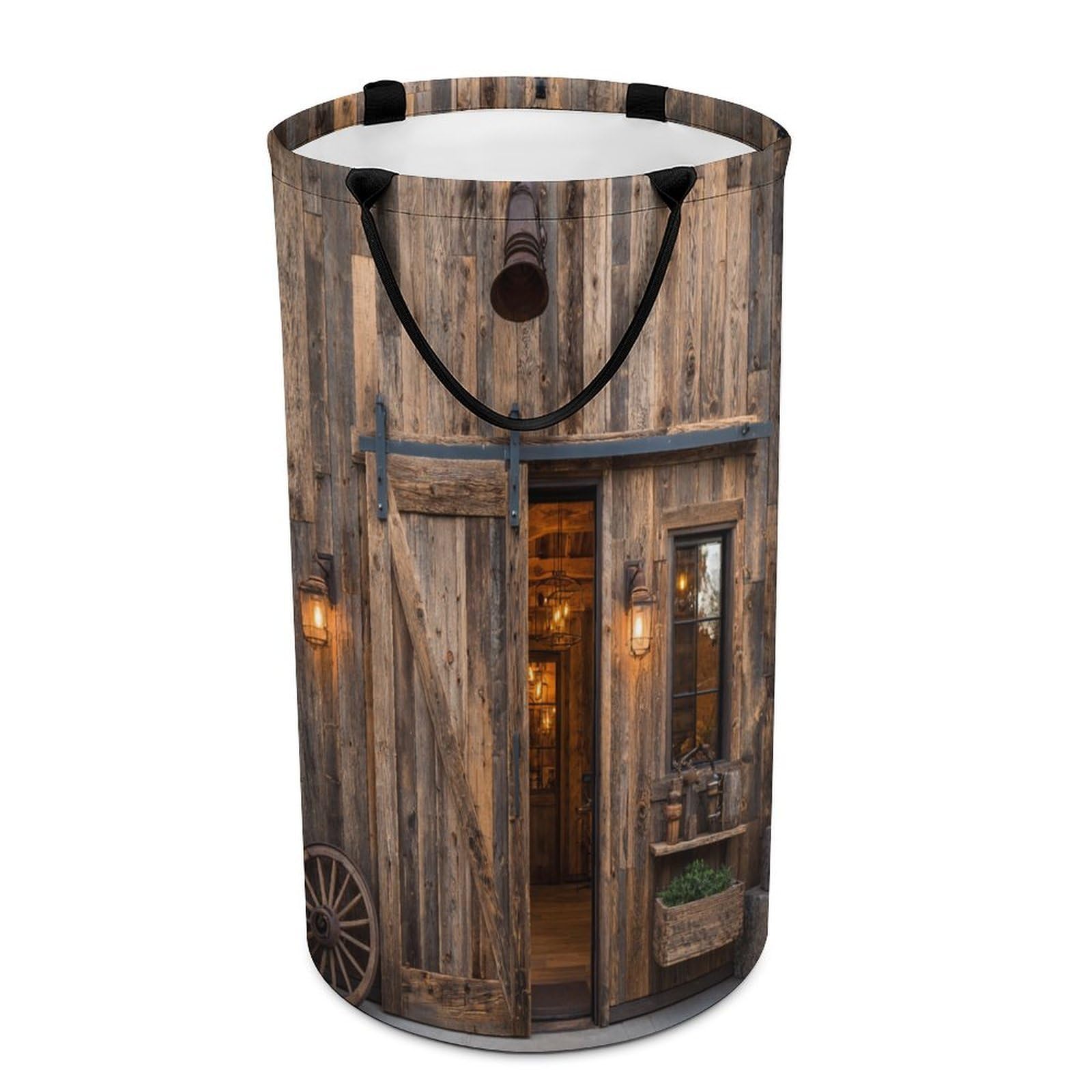LUYYSKY Modern Retro Barn Door Versatile Storage Laundry Basket, Mid Century Western Farmhouse Log Cabin Door Wheel Pattern Large Capacity Bathroom Hamper With Handle