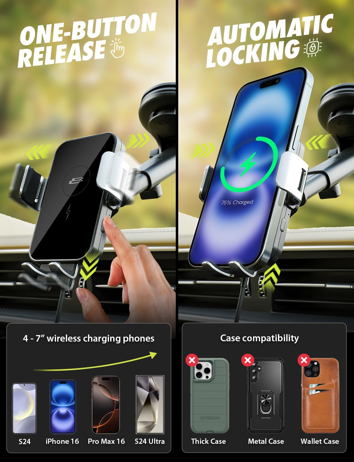 Bracketron PwrUp Auto - Soporte de Carga inalámbrica rápida Qi de 15 W para Coche, salpicadero, Rejilla de ventilación, Cargador de teléfono Celular