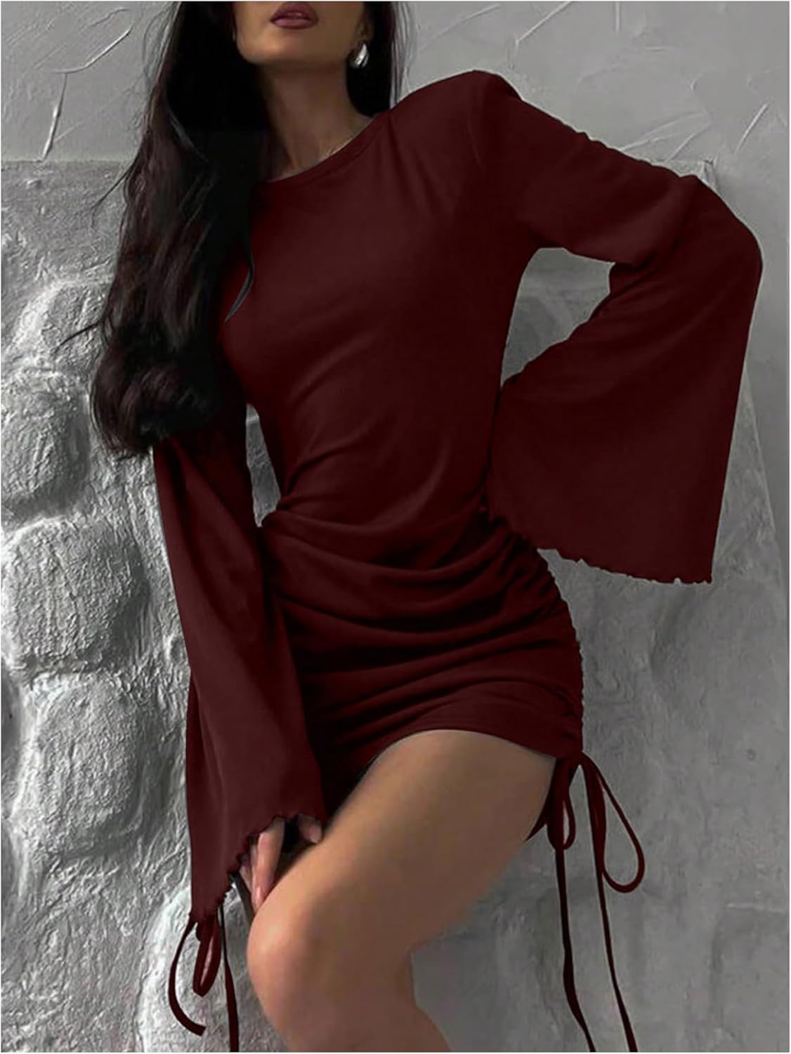 SHENHE Women's Bell Long Sleeve Ruched Bodycon Dress Sexy Party Holiday Mini Dresses - Image 4