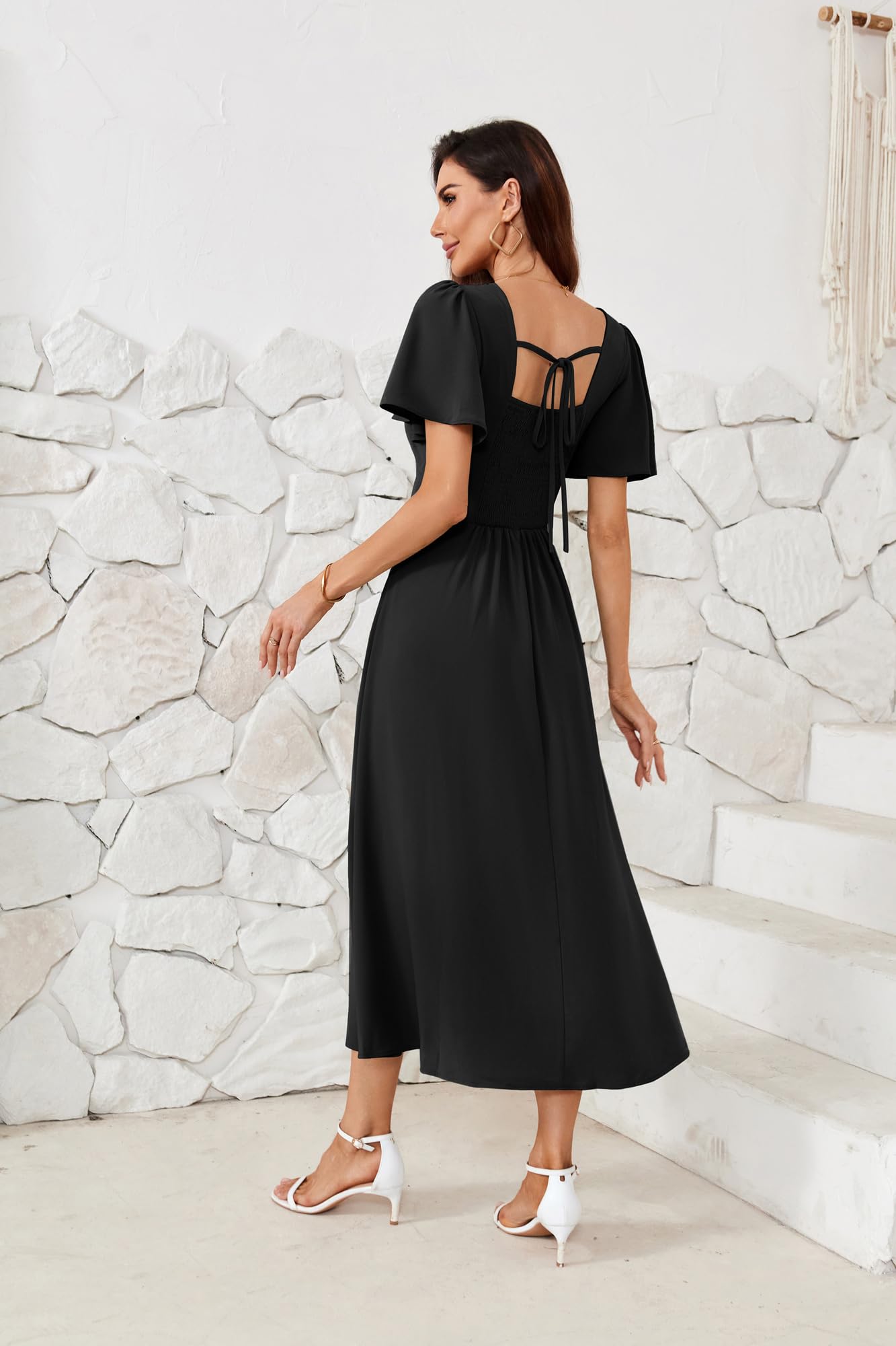 GRACE KARIN Abito Donna Scollo V Maniche Corte a Volant Schiena Quadrata Vestito Linea A Casual Elegante