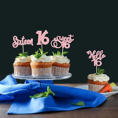 Miniatura 4 de 24 piezas de decoración para cupcakes de 16 cumpleaños con purpurina Hello 16 Sweet 16 Sweet 16 Cupcake Pick 16 años de edad, decoración para