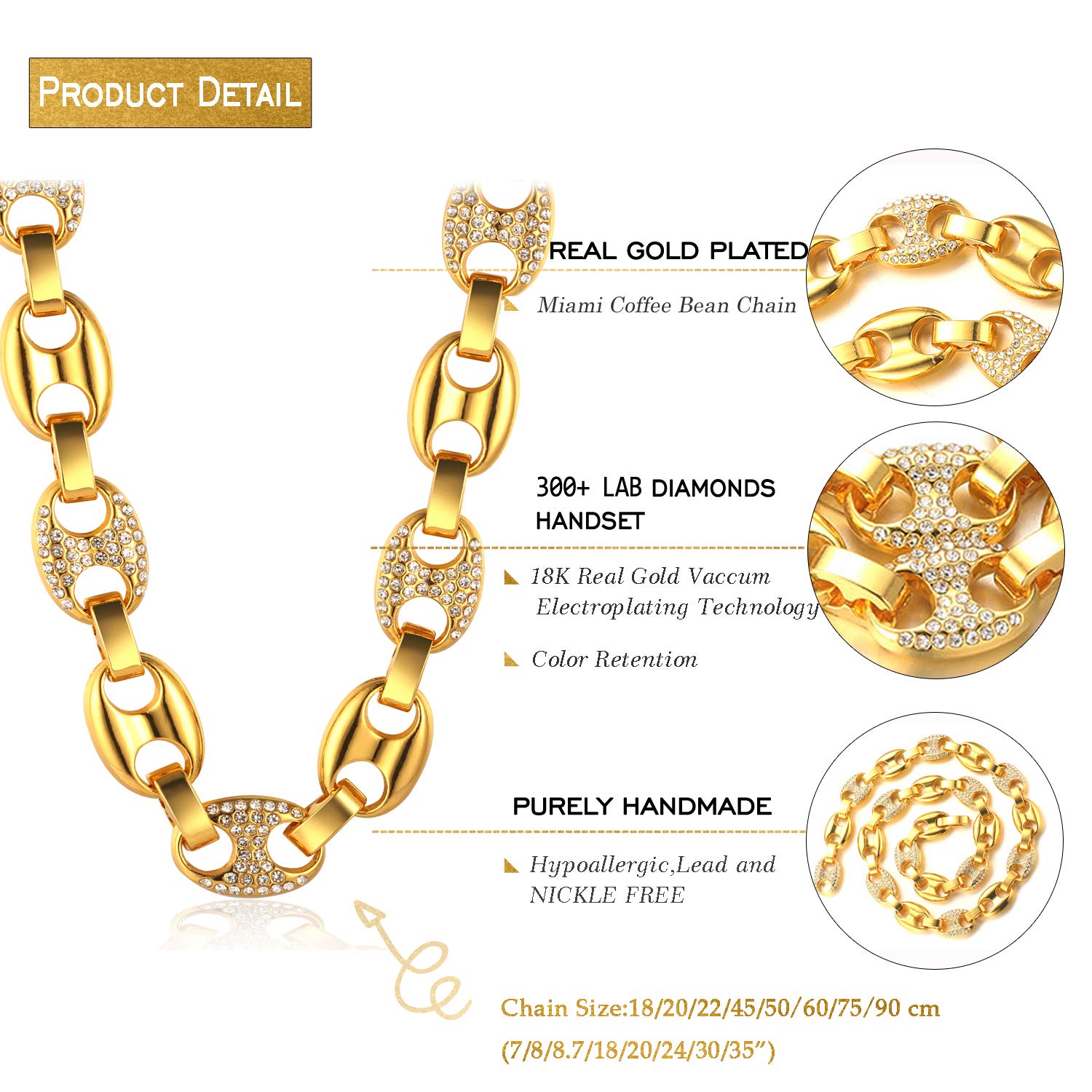 HALUKAKAH Collane Bracciali Uomo Oro,Catena di Chicchi di caffè Iced out con Diamante,18kt Vero Oro/Oro Bianco Girocollo Bracciale,Oro/Argento,con Pacco Regalo Gratuito