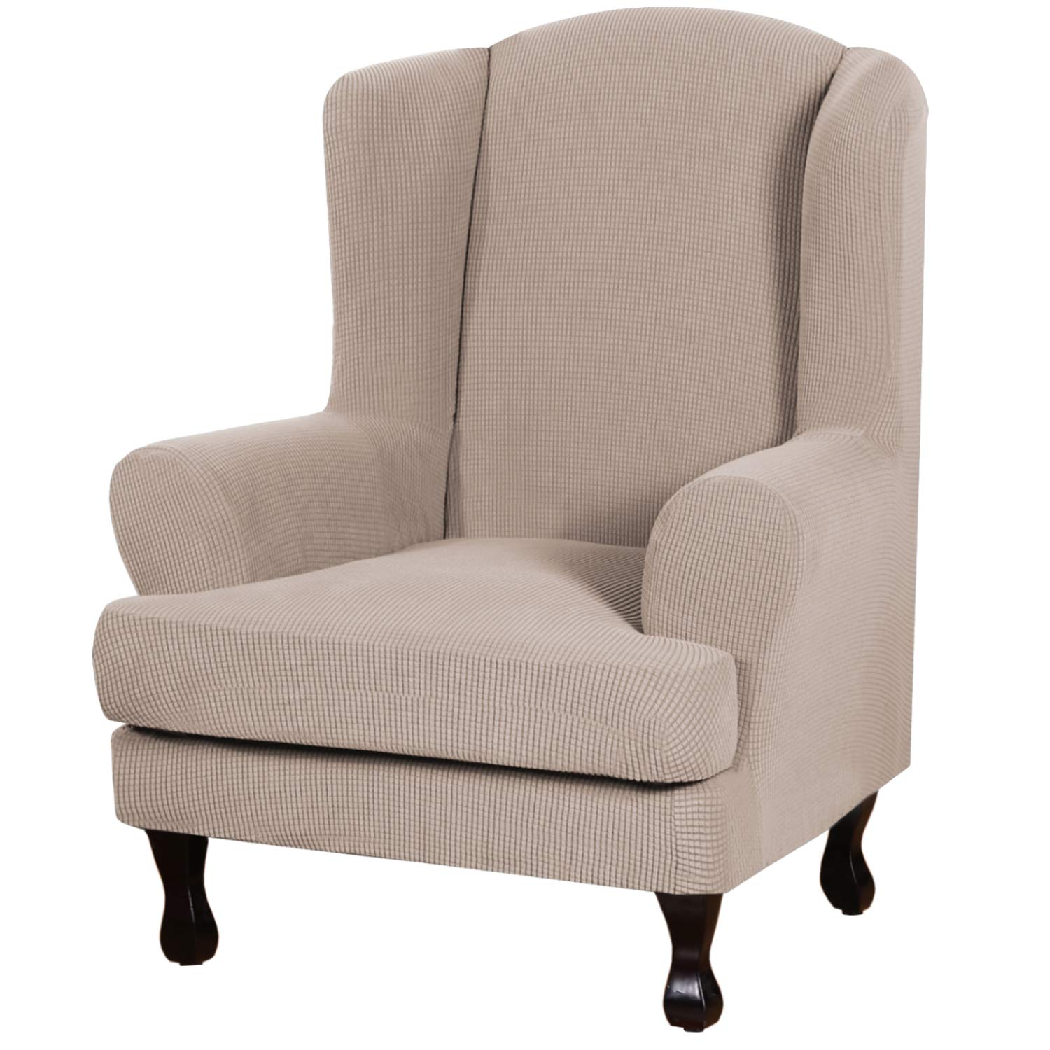 H.VERSAILTEX 2 Piece Stretch Jacquard Wingback Chair Covers Slipcovers Wing Chair Covers (Base Cover Plus Seat Cushion Cover) Furniture Covers for Wingback Chairs, Form Fitted Thick Soft, Sand