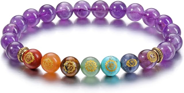 Jovivi Healing Crystal Bracelet with Engraved 7 Chakra Symbol Beads Stone Bracelet Reiki 8mm Round Natural Gemstone Stretch Bangle for Women Girl Spiritual Jewelry Gift