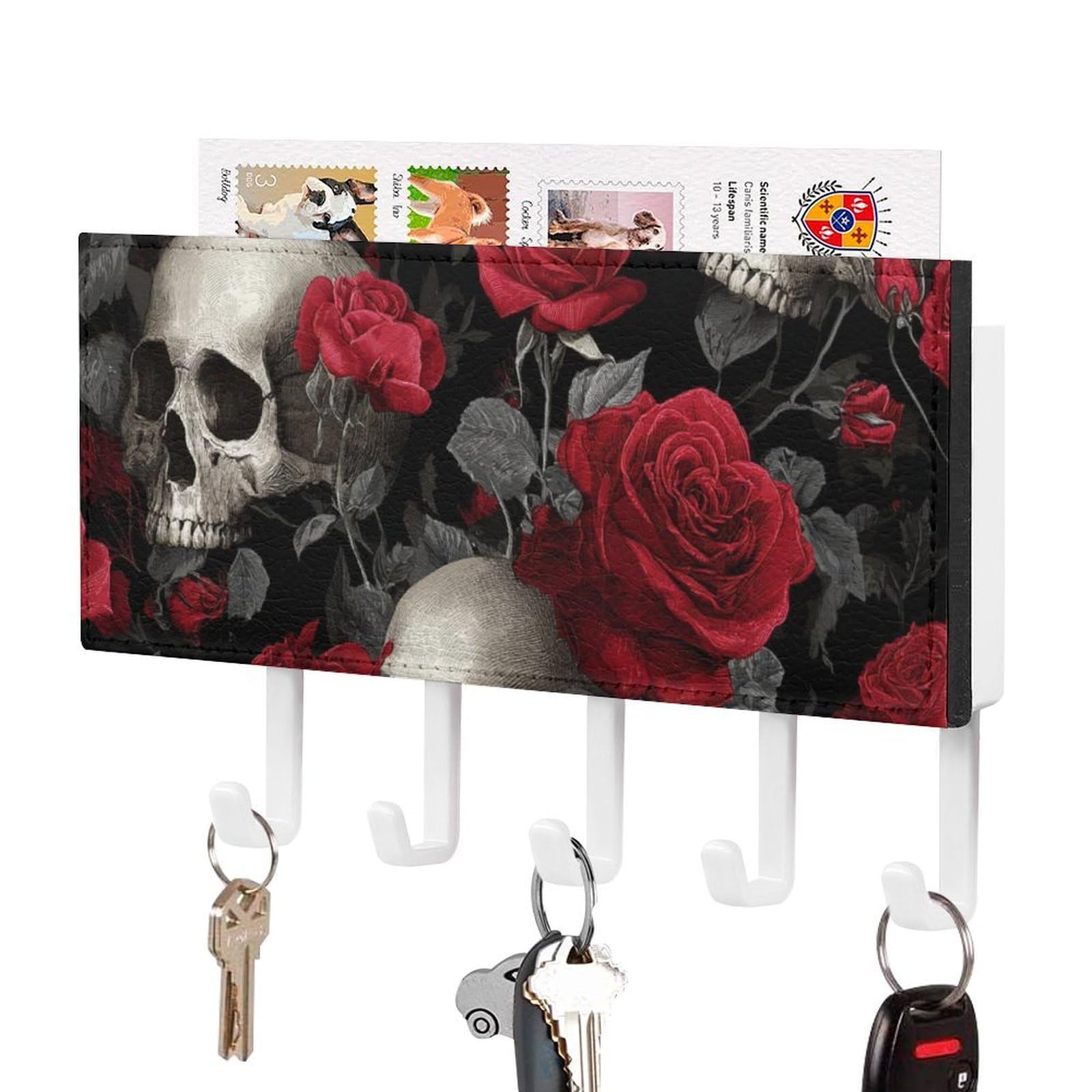 Jubonexis Skulls and Red Roses Wall Mount with 5 Hooks Acrylic Key Rack for Home Office Entryway