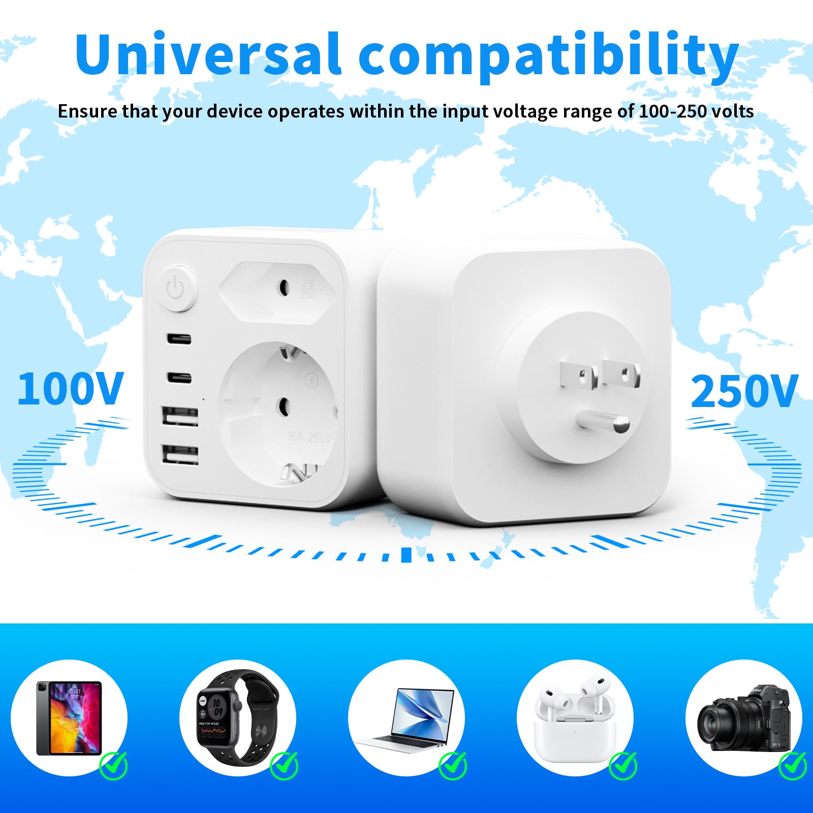 Adaptateur Prise USA vers France 6 en 1 avec 2 USB A et 2 USB C pour Canada Américaine