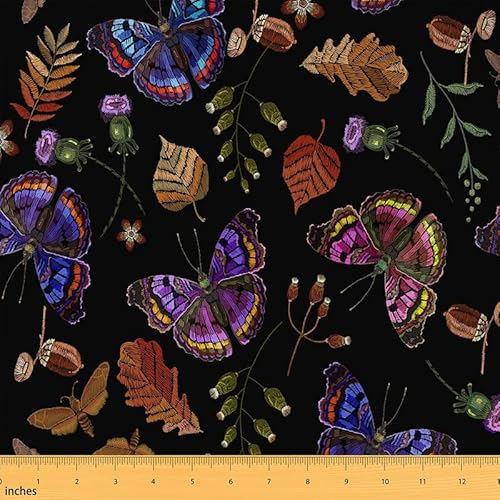 Feelyou Vintage Butterfly Fabric by The Yard, Retro Butterflies Leaf Print Upholstery Fabric for Chairs Sofa Couch, Girl Butterfly Floral Outdoor Fabric Waterproof, 3 Yards, Red Purple Black