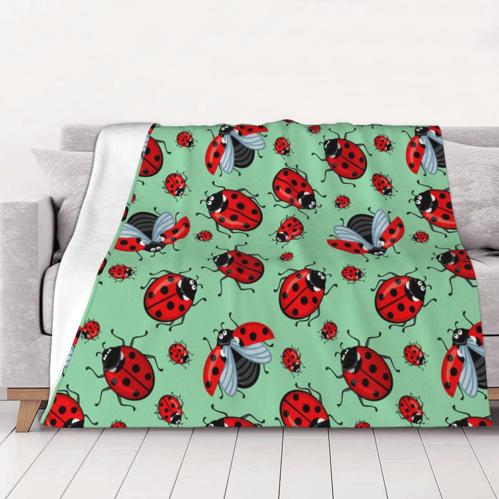 AUBKFELD Red Ladybugs On A Blue Background Printed Flannel Blanket 102x76 CM, Soft & Warm Throw Blanket for Sofa/Couch/Bed/Car, Gifts for Audlts Women Men