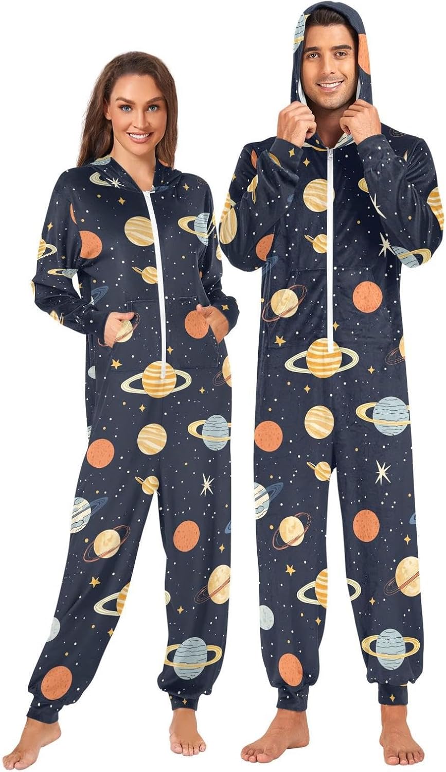 ZZKKO Universe Planets Starry Sky Adult Onesie Pajamas for Women Men Cozy One Piece Pajamas Costume Zip-Up Hooded S-XL