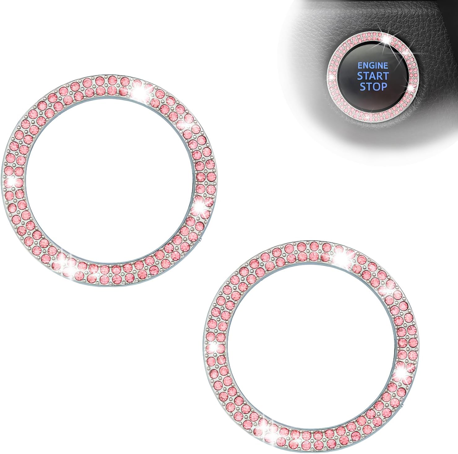 Bling Rhinestone Push Start Button Cover, Universal Key Ignition Knob Bling Ring, 2 Pack Car Push Start Button Cover Sticker, Sparkling Car Interior Accessories for SUV Truck Auto (Pink)