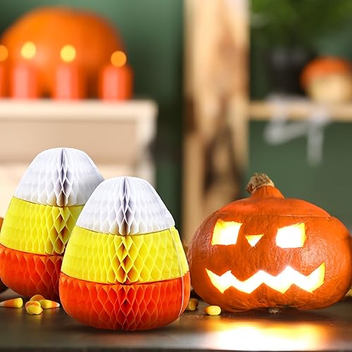 Miniatura 5 de Sumind 6 piezas de decoración de nido de abeja para fiesta de Halloween, lindo centro de mesa de maíz de caramelo, adornos de Halloween, decoración