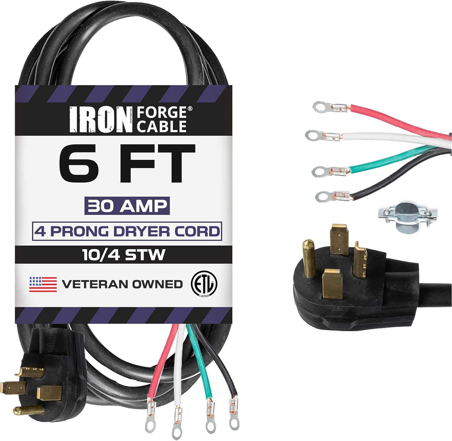 Iron Forge Cable 4 Prong Dryer Cord 25 ft, Black 10/4 NEMA 14-30 Plug 30 Amp Extension Cord 25 Foot for Dryer & EV with Ring Terminals, 125V/250V SRDT