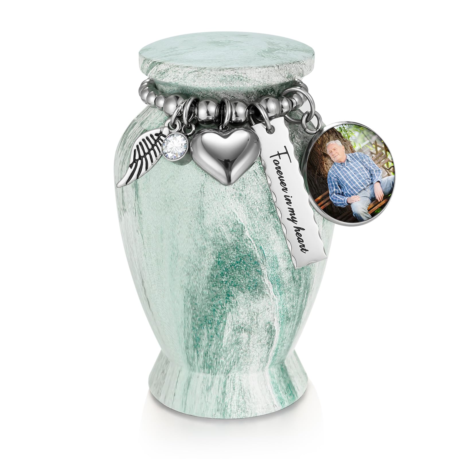 Dletay Customized Small Urns for Human Ashes 2.85 Inch Mini Cremation Urns for Mom Dad Aluminum Mini Cremation Urn for Ashes-Lake Green Different Chains