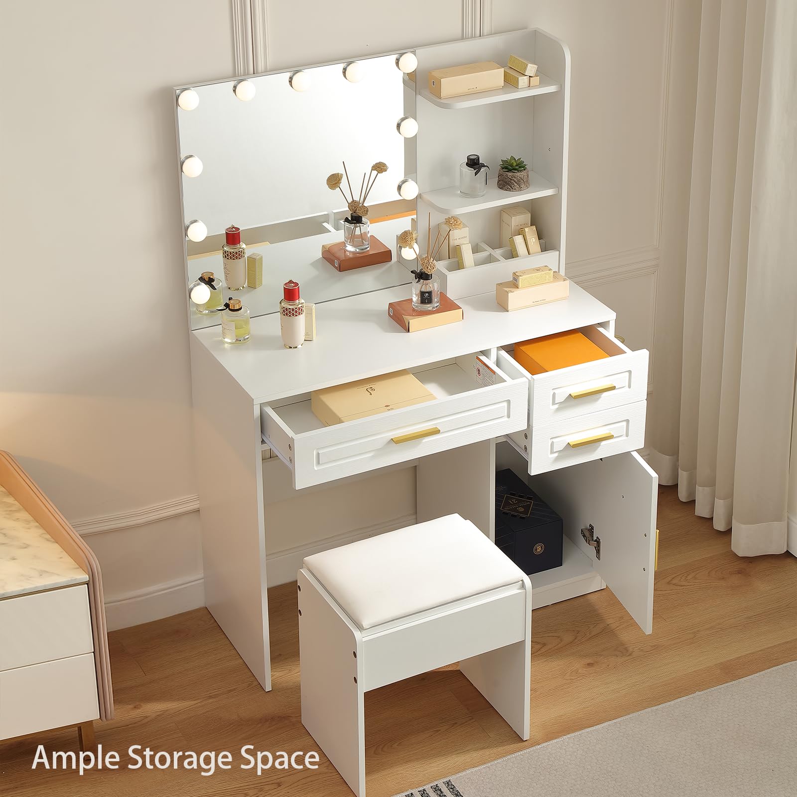 FOREST GRAVITY Makeup Vanity Desk Schminktisch mit Spiegel und Beleuchtung, 3 Schubladen, Schminktisch, Steckdose, Stuhl, 3 einstellbare Farbhelligkeitsstufen, für Schlafzimmer, weiß