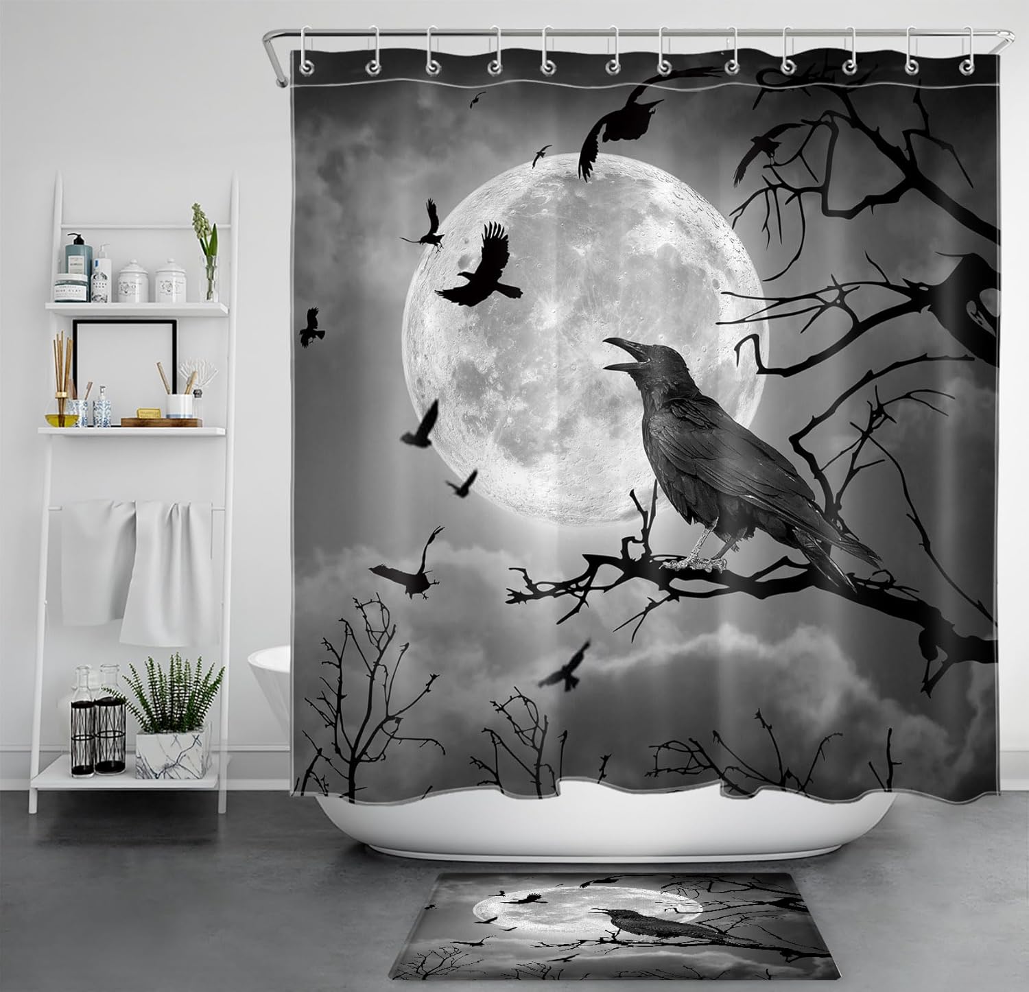 HVEST Halloween Shower Curtain and Bathroom Rugs, Black Bat and Crow in Scary Forest Shower Curtain with Bath Mat, 72X72 inches Spooky Grey Full Moon Night Holiday Shower Curtain Set Bathroom Decor