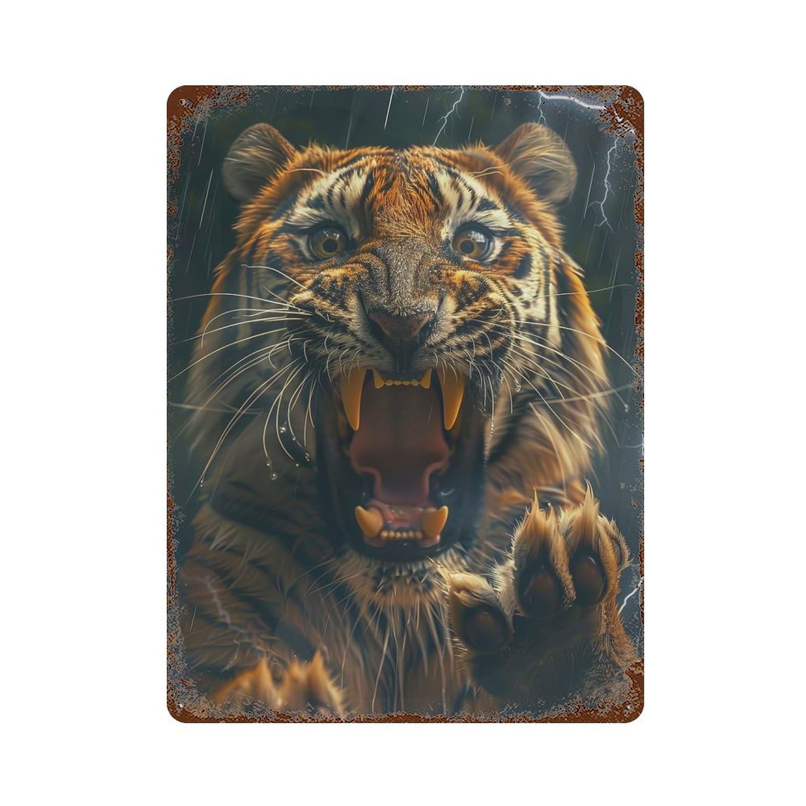 Tiger Lightning 15.7"x11.8" Aged Metal Wall Plaque, Retro Wall Decor for Farmhouse, Kitchen And Entryway Decor