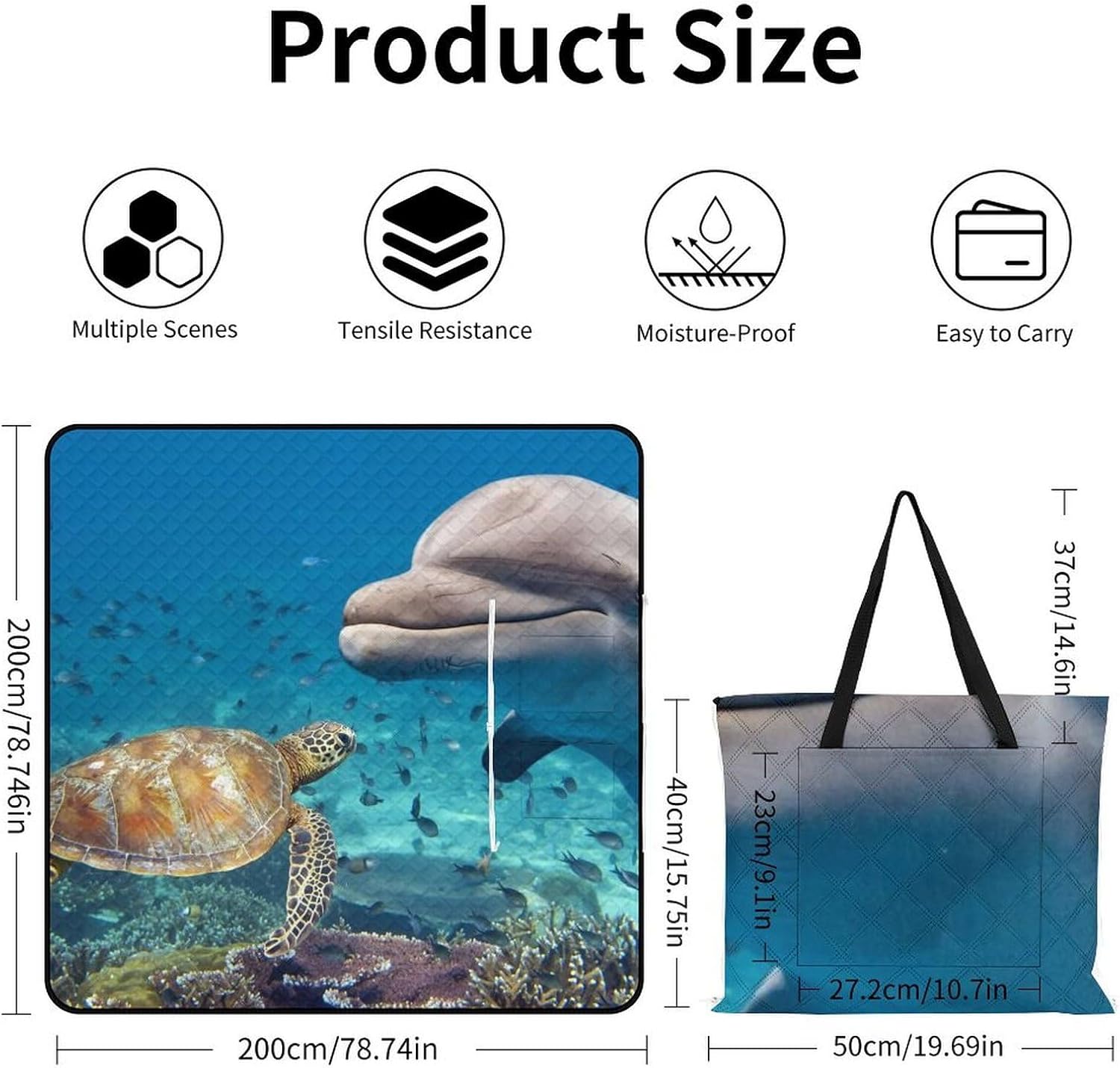Sea Turtle Dolphin and Fish Picnic Blanket 200x200cm, Foldable 2-in-1 Picnic Mat and Tote Bag Portable Waterproof Beach Mat Sandproof Outdoor Blanket for Park, Hiking, Beach, Camping, Travel
