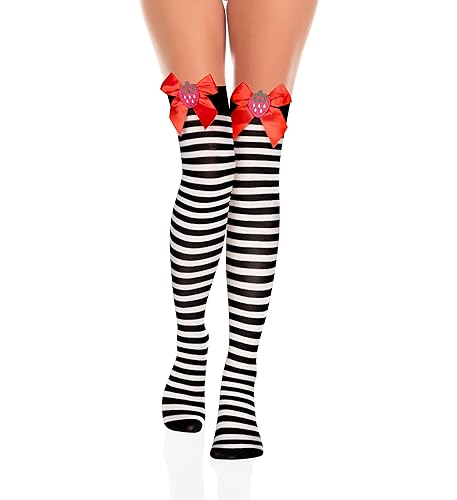 Benefeet Sox Thigh High Socks for Women Girls Novelty Cotton Over the Knee High Socks Funny Crazy Long Stockings Leg Warmers - One Size - Black and White Stripe, Satin Bow, Strawberry