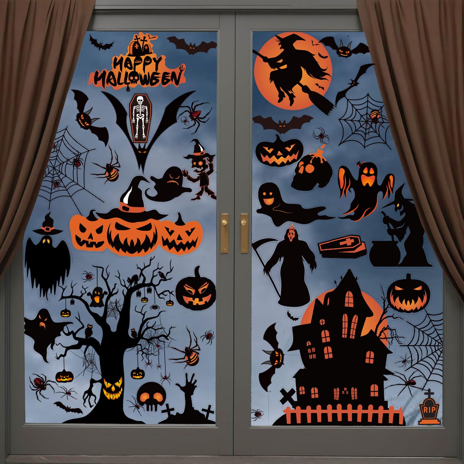 Halloween Decorations | 8 Sheet Halloween Window Stickers Clings Decals | 98 pcs Double Sided Reuseable Bats Spider Ghost Pumpkin Halloween Party |