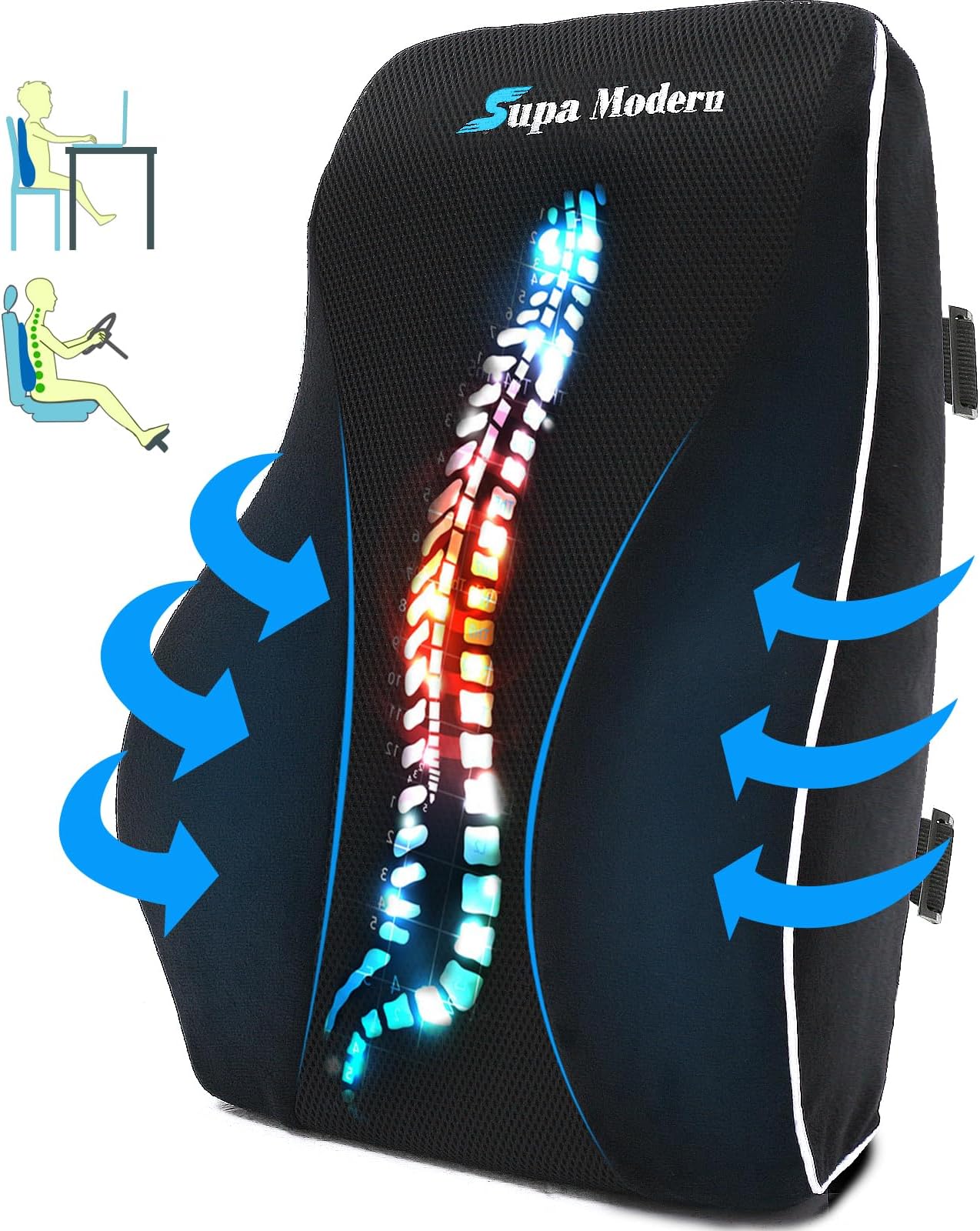 SUPA MODERN Lumbar Support Pillow for Office Chair, Memory Foam Back Cushion, Car Seat Back Pillows with Breathable Lumbar Support Cover Adjustable Straps