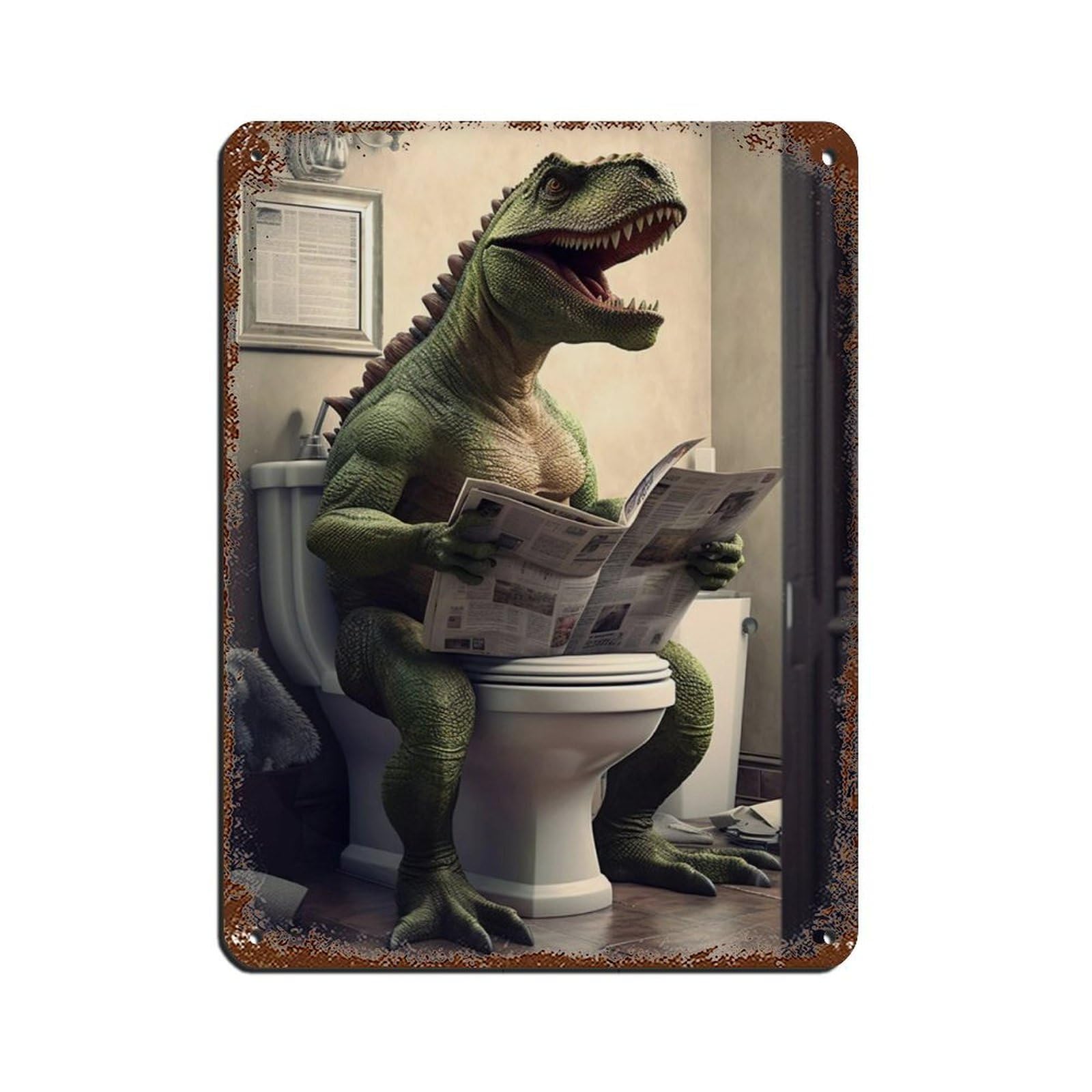 T-Rex Sitting on The Toilet Reading A Newspaper (2) Tin Sign Vintage Metal Pub Club Cafe Bar Home Wall Art Decoration Poster Retro 12x16inch(30x40cm)
