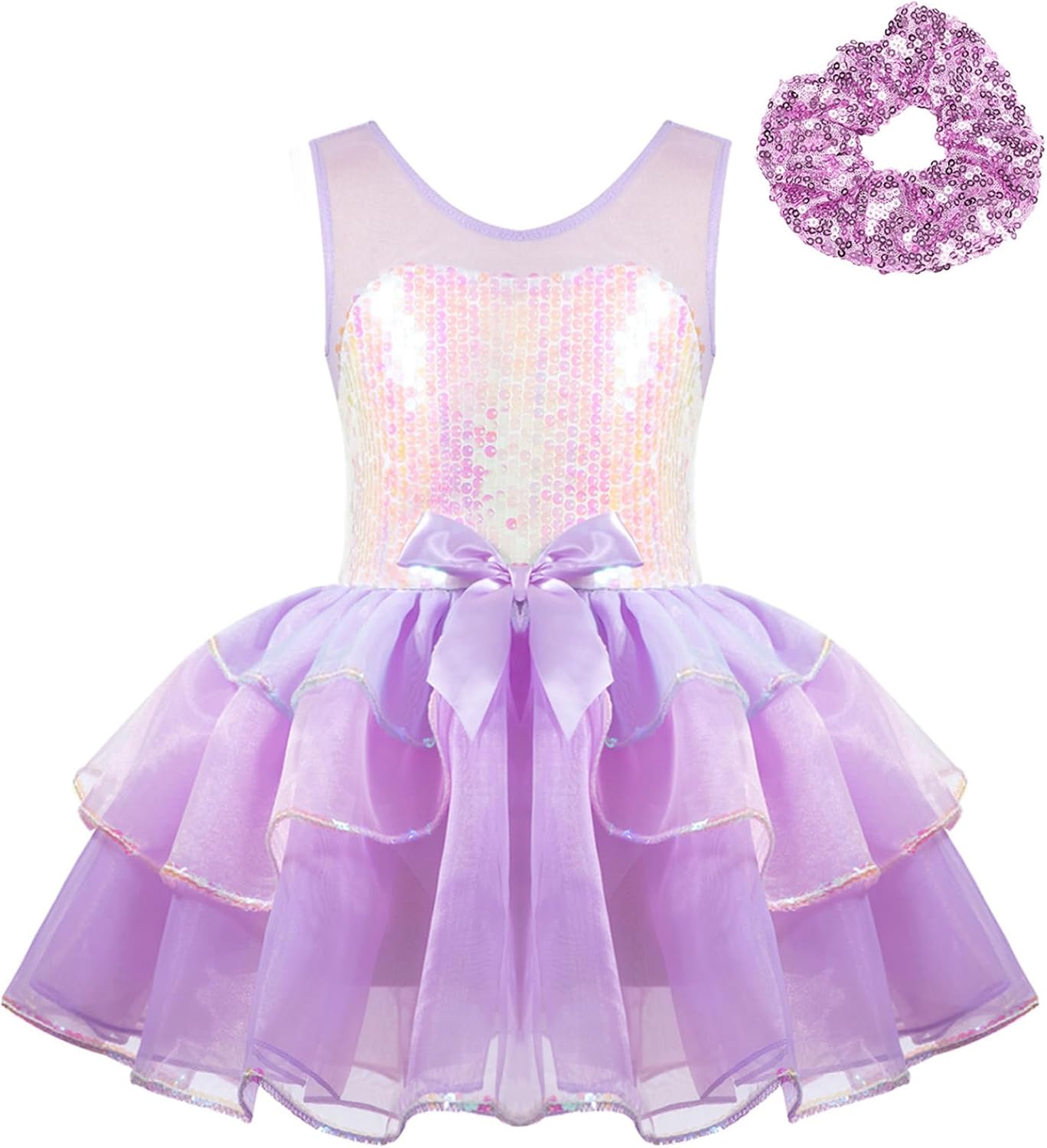Kids Girls Sleeveless Shiny Sequins Ballet Gym Dance Leotard Tutu Dress with Hair Tie Ballerina Costume