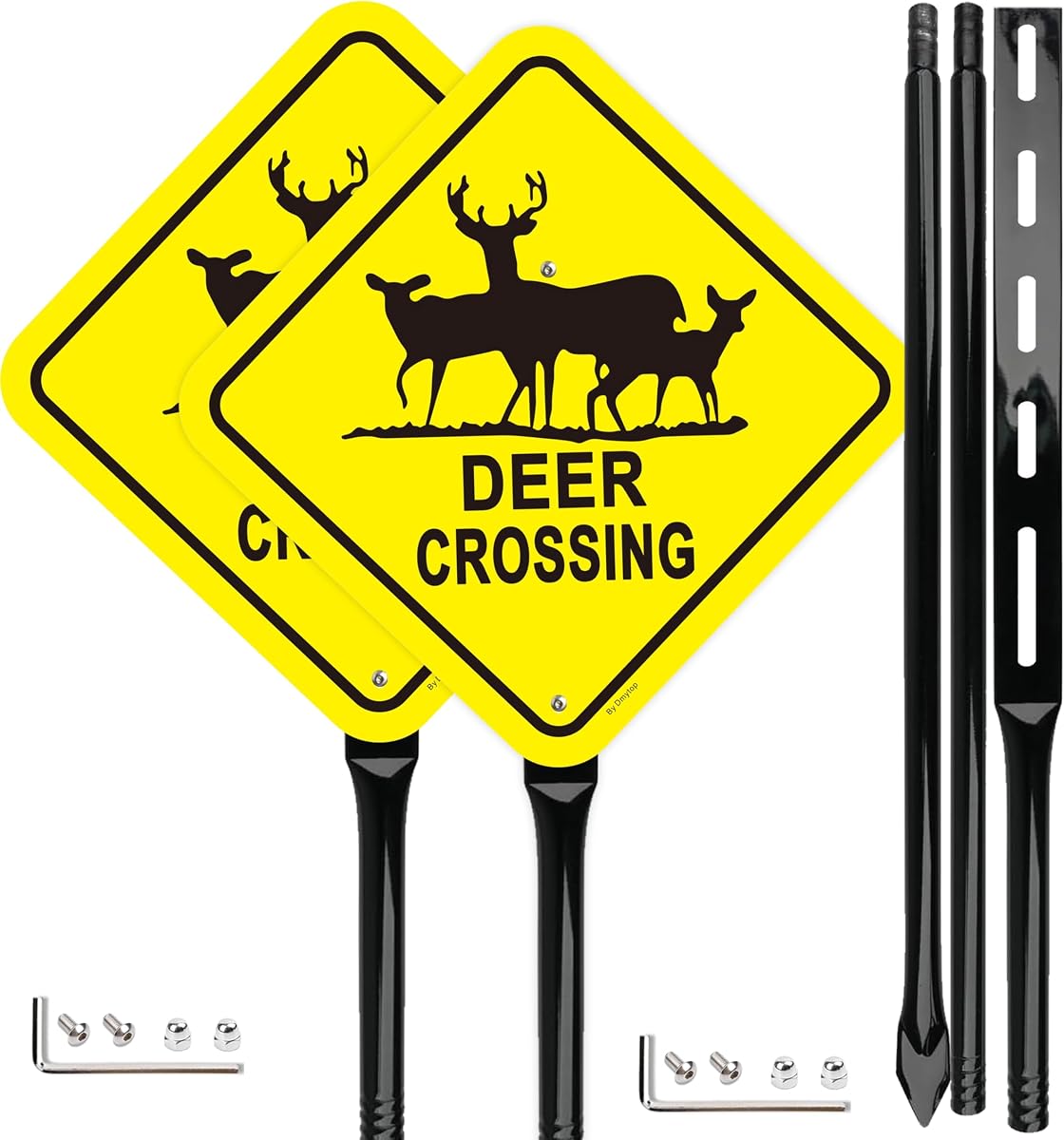 2Pack Deer Crossing Sign with 54-Inch Heavy-Duty Metal Stakes Posts, 12x12 Inch Reflective Aluminum Animal Crossing Warning Signs, Rust-Free Aluminum for Outdoor Use