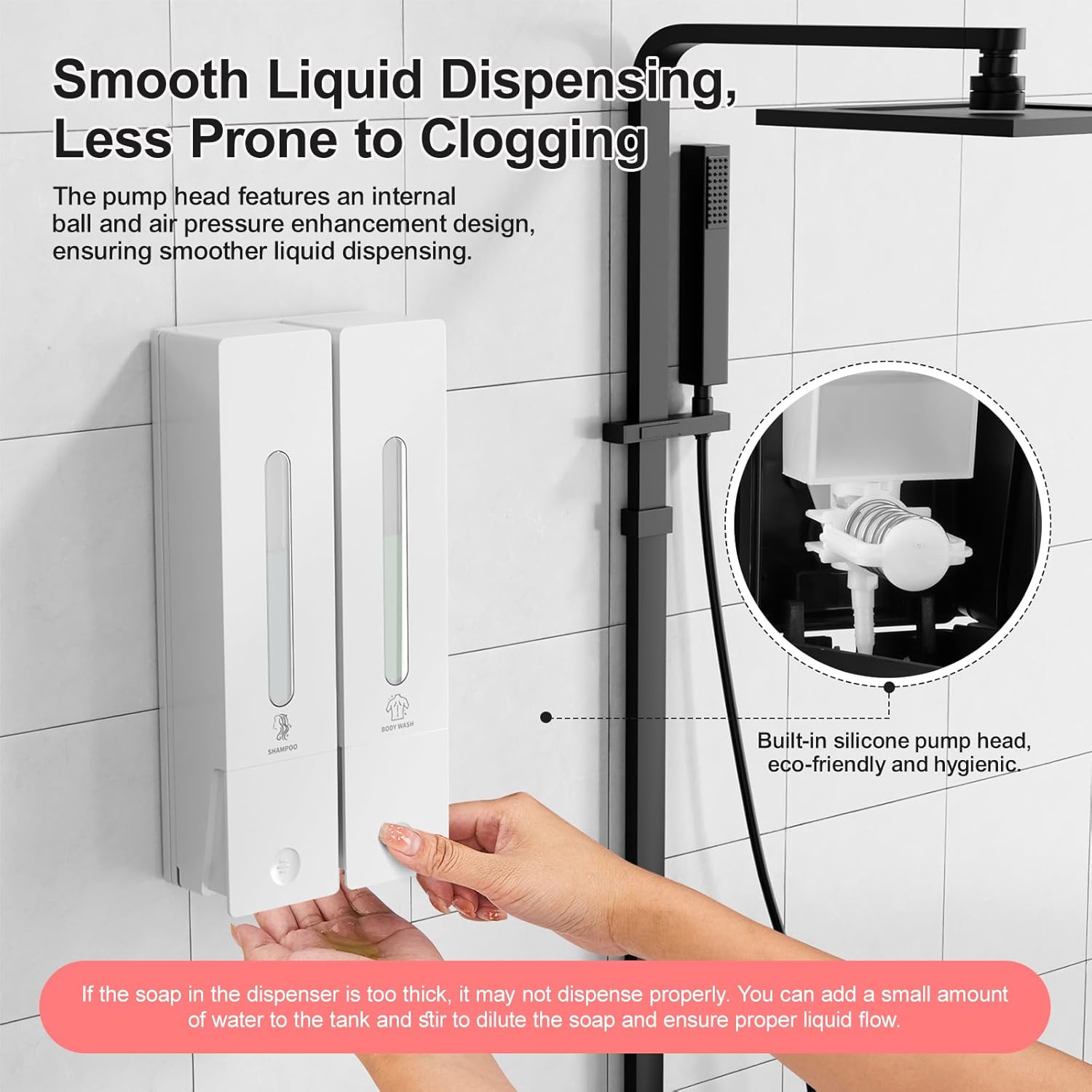 Shampoo and Conditioner Dispenser 2-Chamber Wall-Mounted Shower Soap Dispenser, No-Drill Installation, 800ML Capacity, Ideal for Bathrooms and Hotels