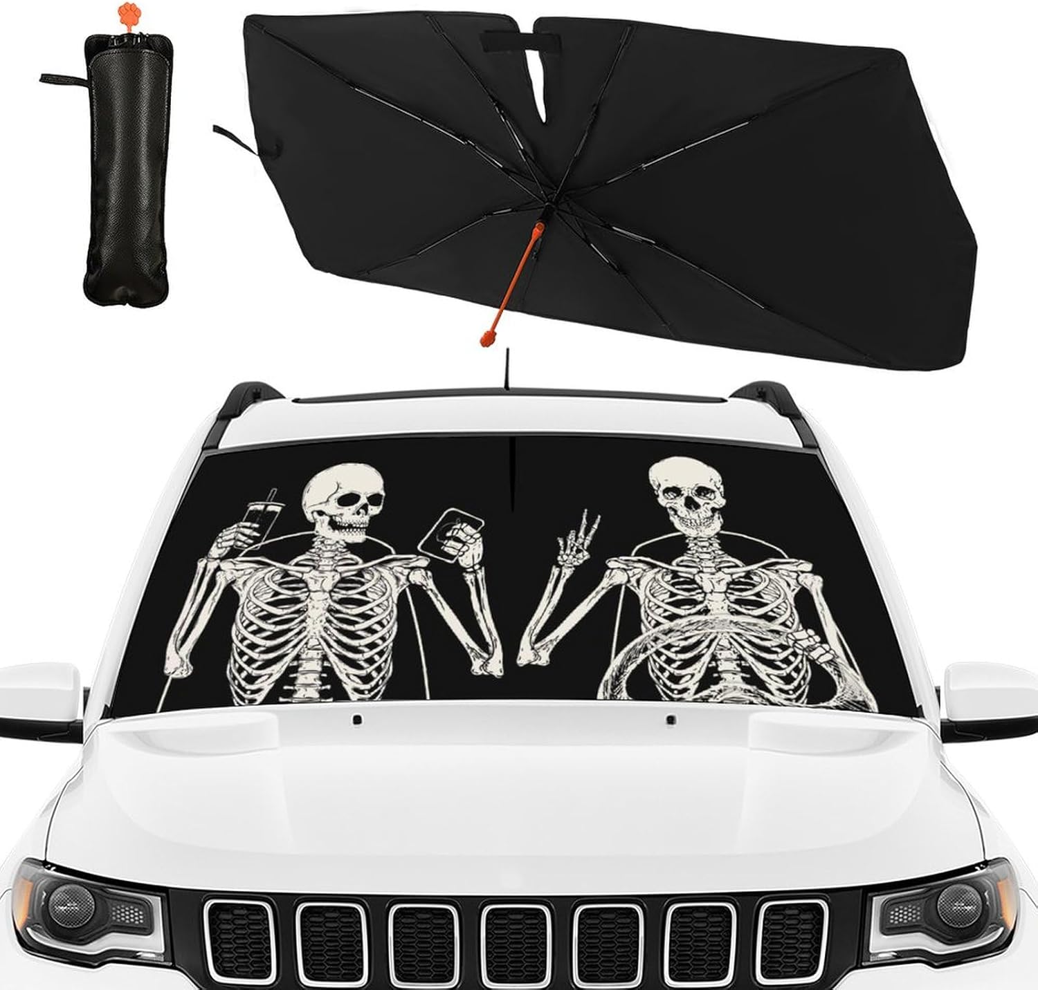 Funny Skeleton Driving Car Windshield Sunshade Umbrella Skull Sun Shade for Car Windshield Umbrella Upgraded Sunshades Blocks UV & Heat Front Window Shades for SUV Sedan Auto
