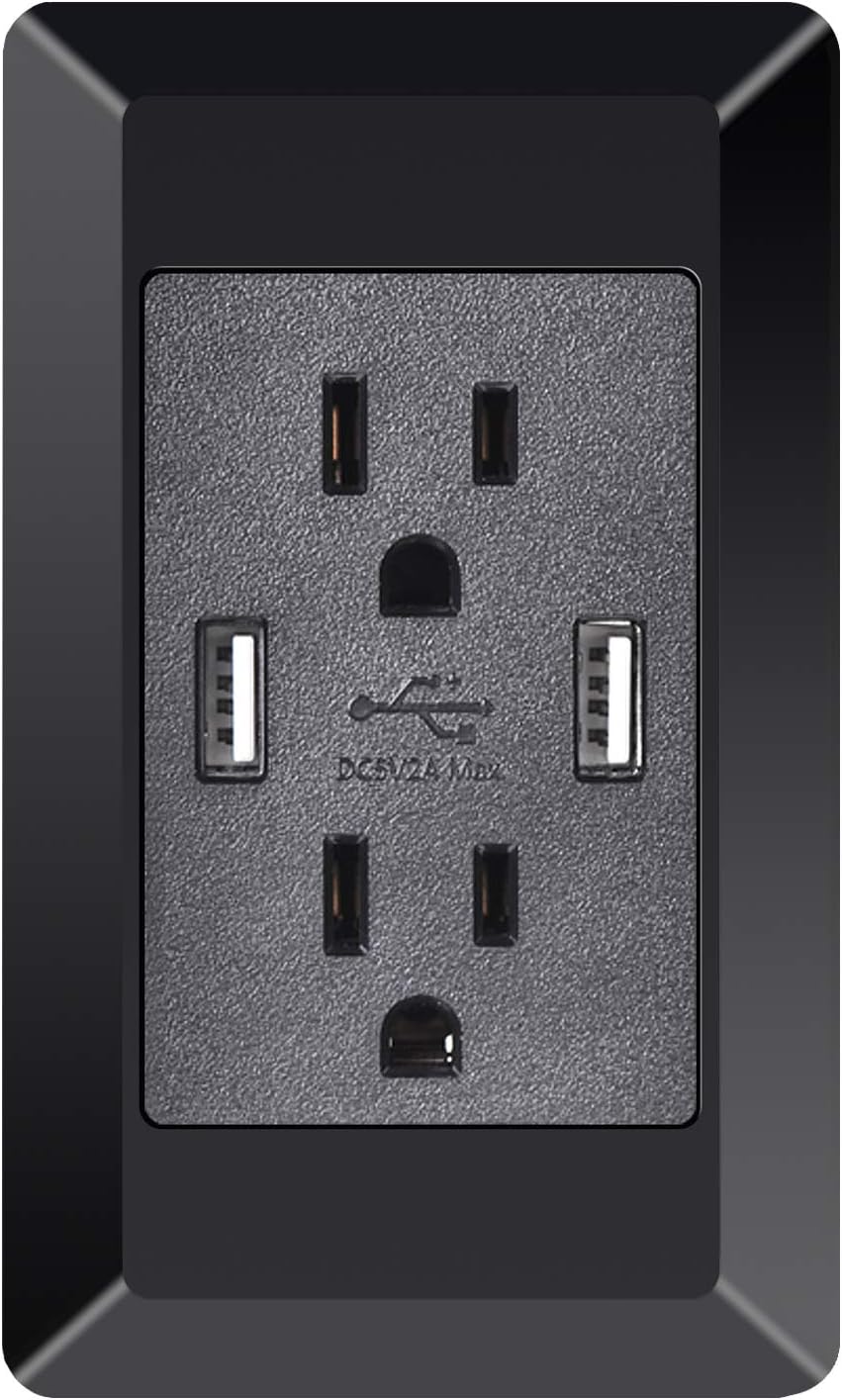 NineLeaf 1PK 2A High Speed USB Charger Receptacle 15A Outlet w 2 Wall Plates (Black) AC Wall Screwless Wallplate with Dual USB Charging Ports