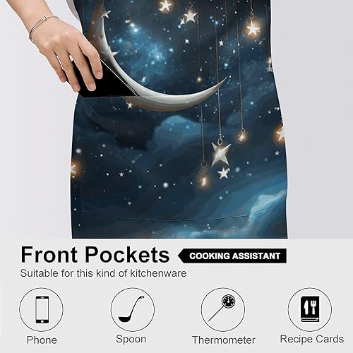 Miniatura 5 de MUSM Apron for Adults - 27.6 X 31.5 Inch, Heavy-Duty Polyester Aprons with Two Large Pockets, Waterproof Nightsky Hanging Moon Stars Kitchen Apron