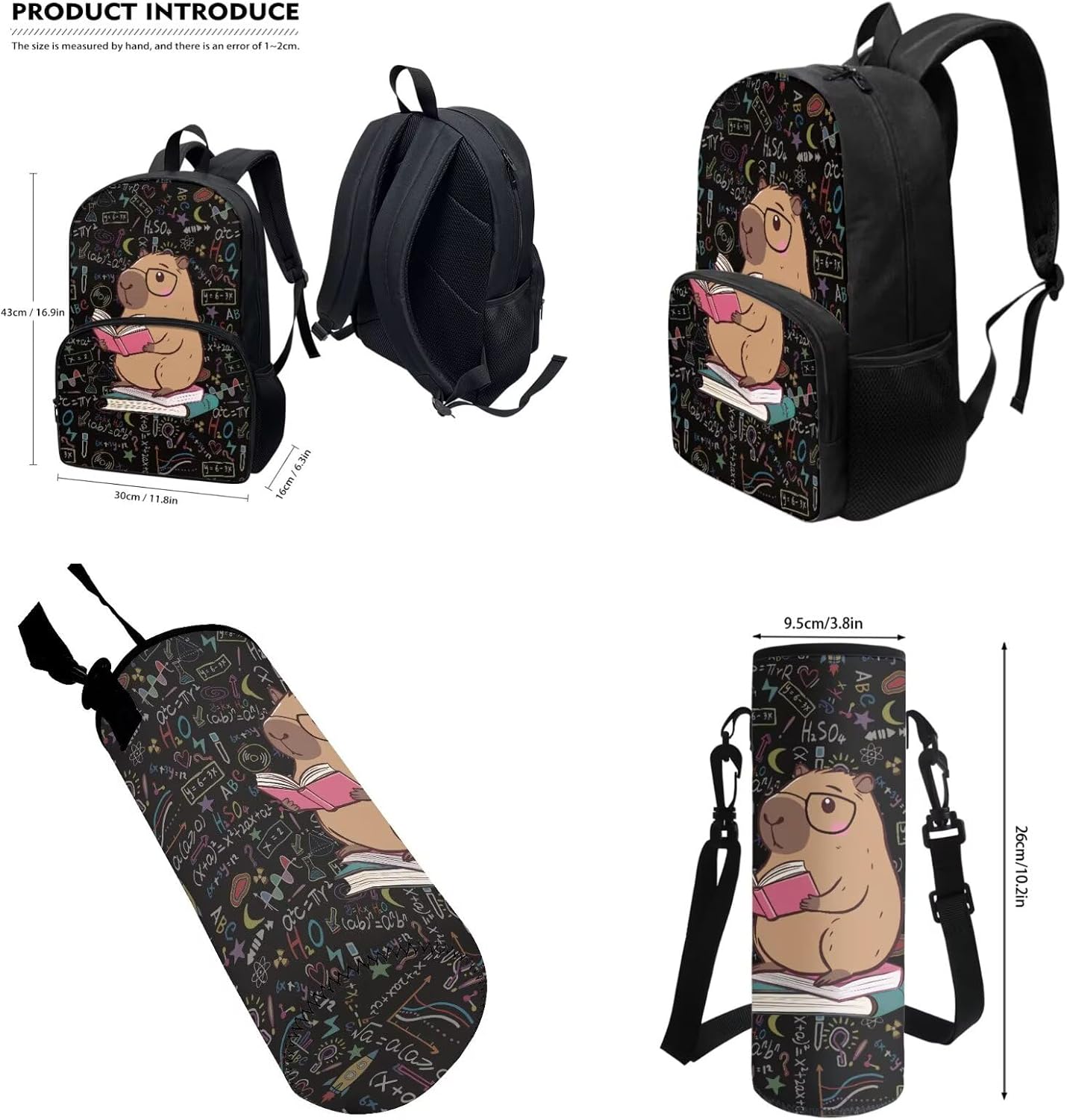 Jeiento Cute Capybara Backpack 4 Piece Set Little Boy Girl School Bag Sets with Insulated Lunchbag Preschool Bookbag and Lunchbag Pen Pouch Water Bottle Holder Back to School Supplies Capybara Lover