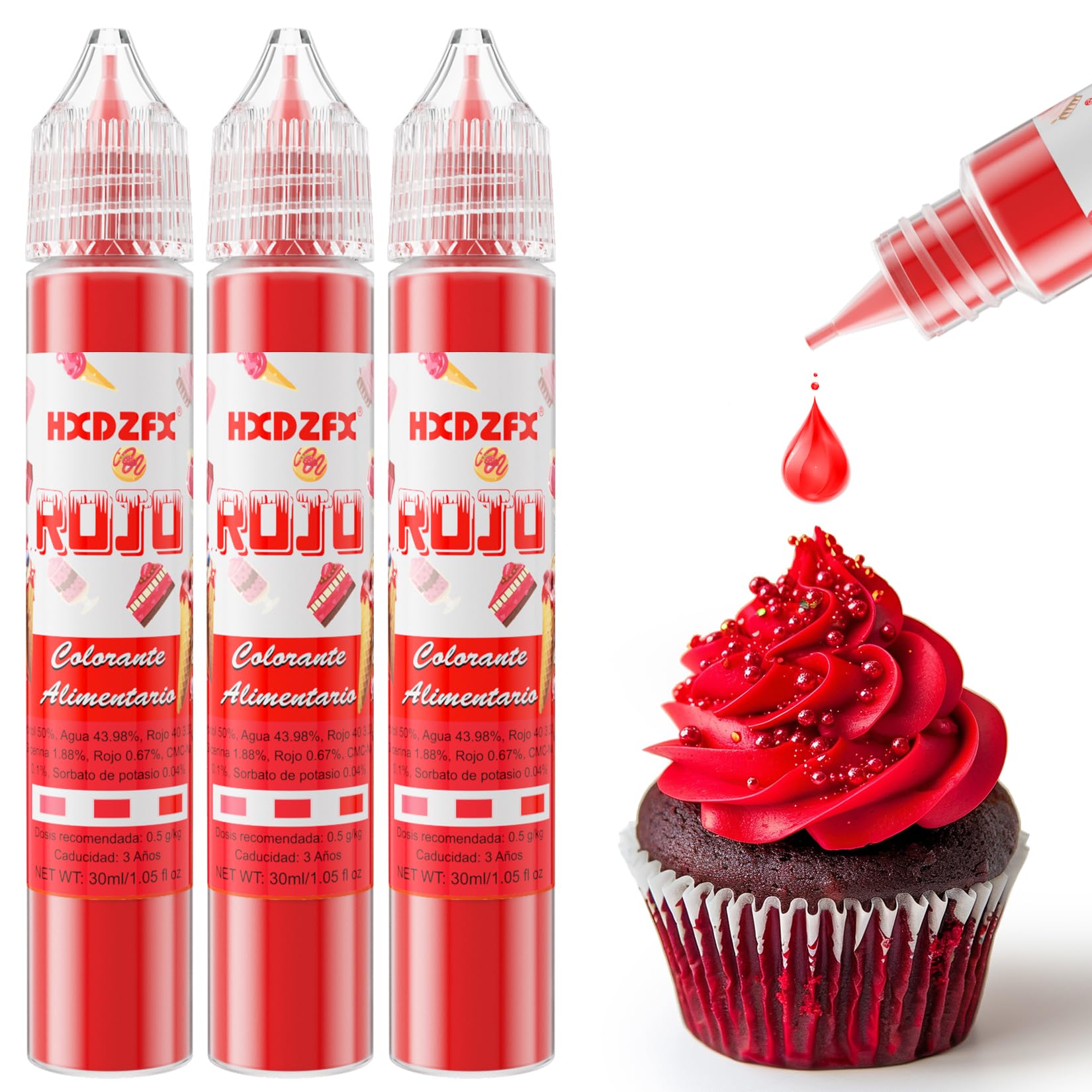 Colorante Alimentario Rojo - 30ml×3 Botellas Colorante Alimentario Alta Concentración Liquid Set para Repostería, Decoración de Tartas, Caramelos, Bebidas, Macarons